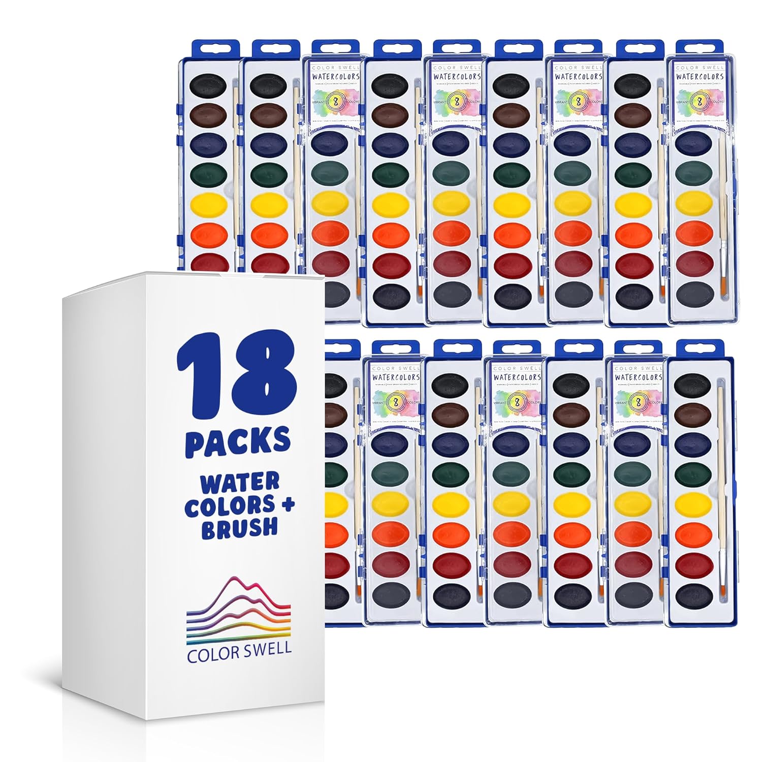 Washable Bulk Watercolors, 18 Pack, 8 Colors, Wood Brush, Classroom Bulk Pack - Bulk Watercolors