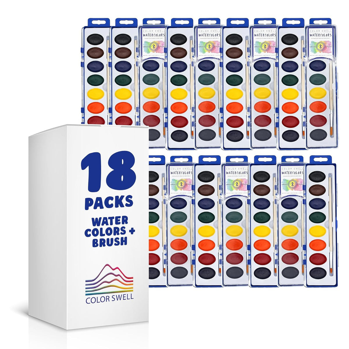 Washable Bulk Watercolors, 18 Pack, 8 Colors, Wood Brush, Classroom Bulk Pack - Bulk Watercolors