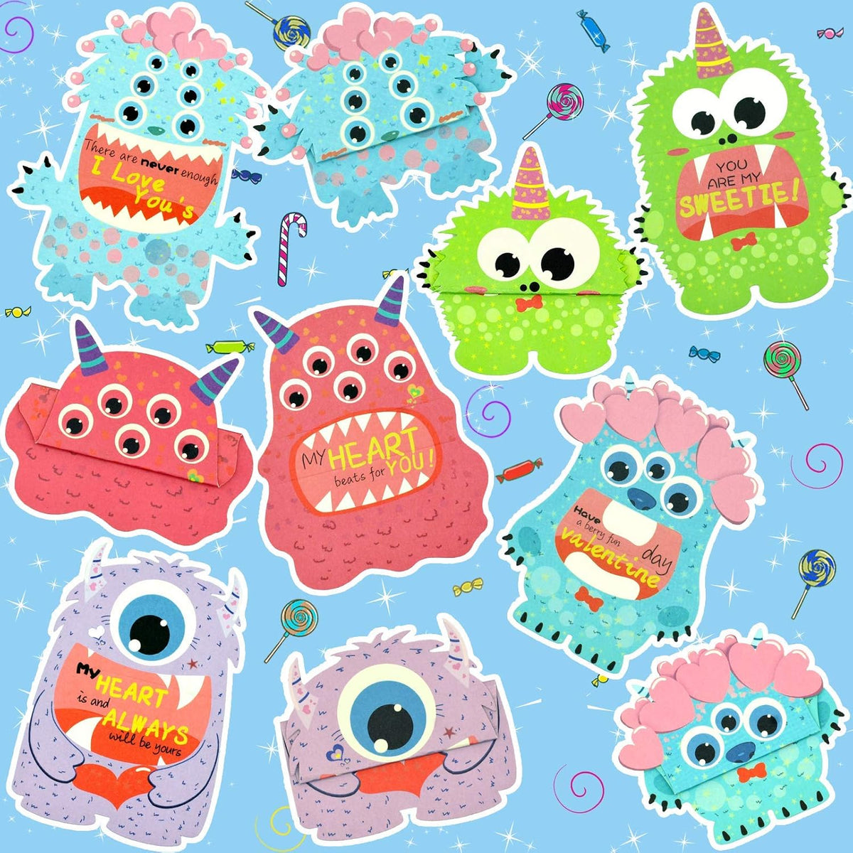 Valentine'S Day Cards 25 Sets Foldable Monster Valentines Day Cards For Kids With 25 Pack Cute Envelopes And Heart-Shaped Stickers Attractive Gift For School Exchange Party Game Cards