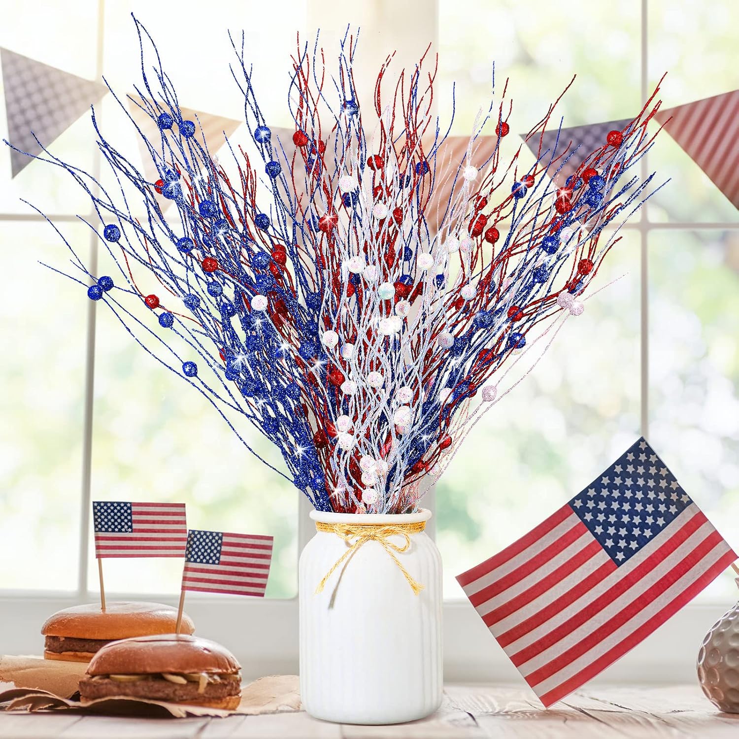 16 Pack Red White And Blue Artificial Flowers 17 Inches 4Th Of July Glitter Sticks Floral Picks Fourth Of July Tree Decorations Stem Branches Ornaments For Vase Independence Day Decor