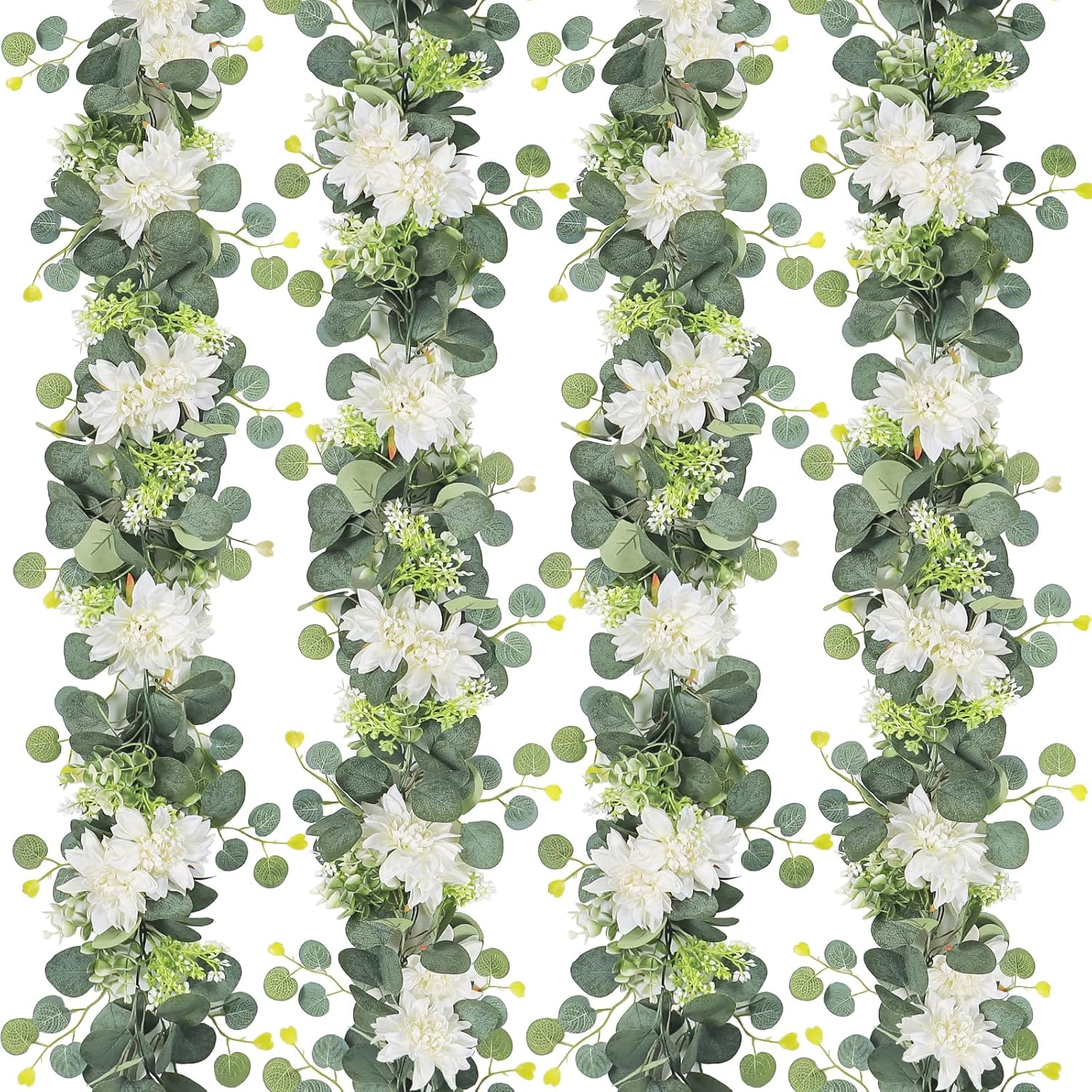 Artificial Flowers Garlands 4 Pack 24Ft Eucalyptus Garlands With Flowers Dahlia Flower Vines Hanging Floral Garland For Wedding Arch Bedroom Home Wall Backdrop Room Decor