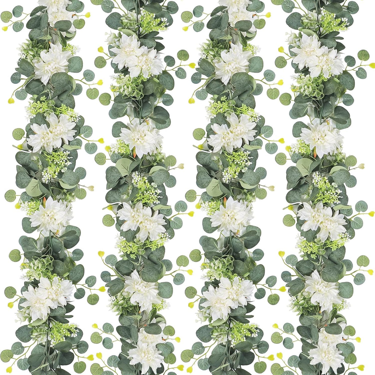 Artificial Flowers Garlands 4 Pack 24Ft Eucalyptus Garlands With Flowers Dahlia Flower Vines Hanging Floral Garland For Wedding Arch Bedroom Home Wall Backdrop Room Decor