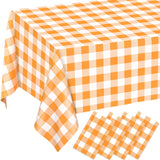 4 Pack Orange Gingham Tablecloths, 54 x 108 Inch Orange and White Checkered Plastic Table Covers, Disposable Rectangular Plaid Tablecloths for Picnic, Birthday, Camping, Wedding, Party Decor