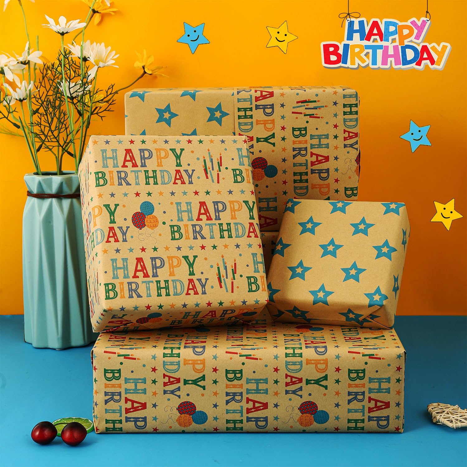 Kraft Birthday Wrapping Paper Roll For Boys Girls Kids Men Women - Reversible Happy Birthday Gift Wrap Paper For Holiday Party - 1 Roll, 17.2 Inch X 33 Feet