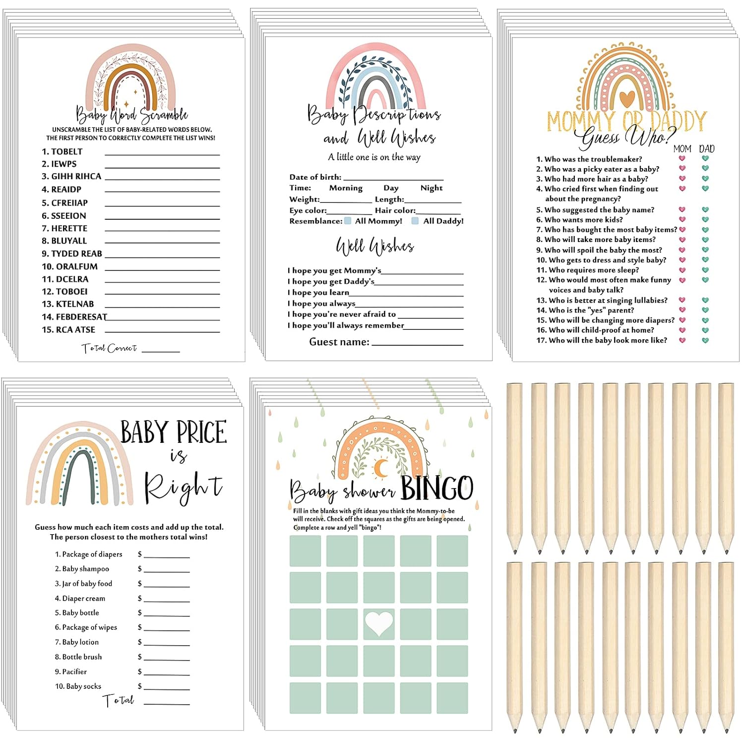 145 Pcs Boho Baby Shower Game Set 125 Cards With 20 Pencils Funny Baby Shower Games Include Word Scramble Predict Who Descriptions And Wishes Price