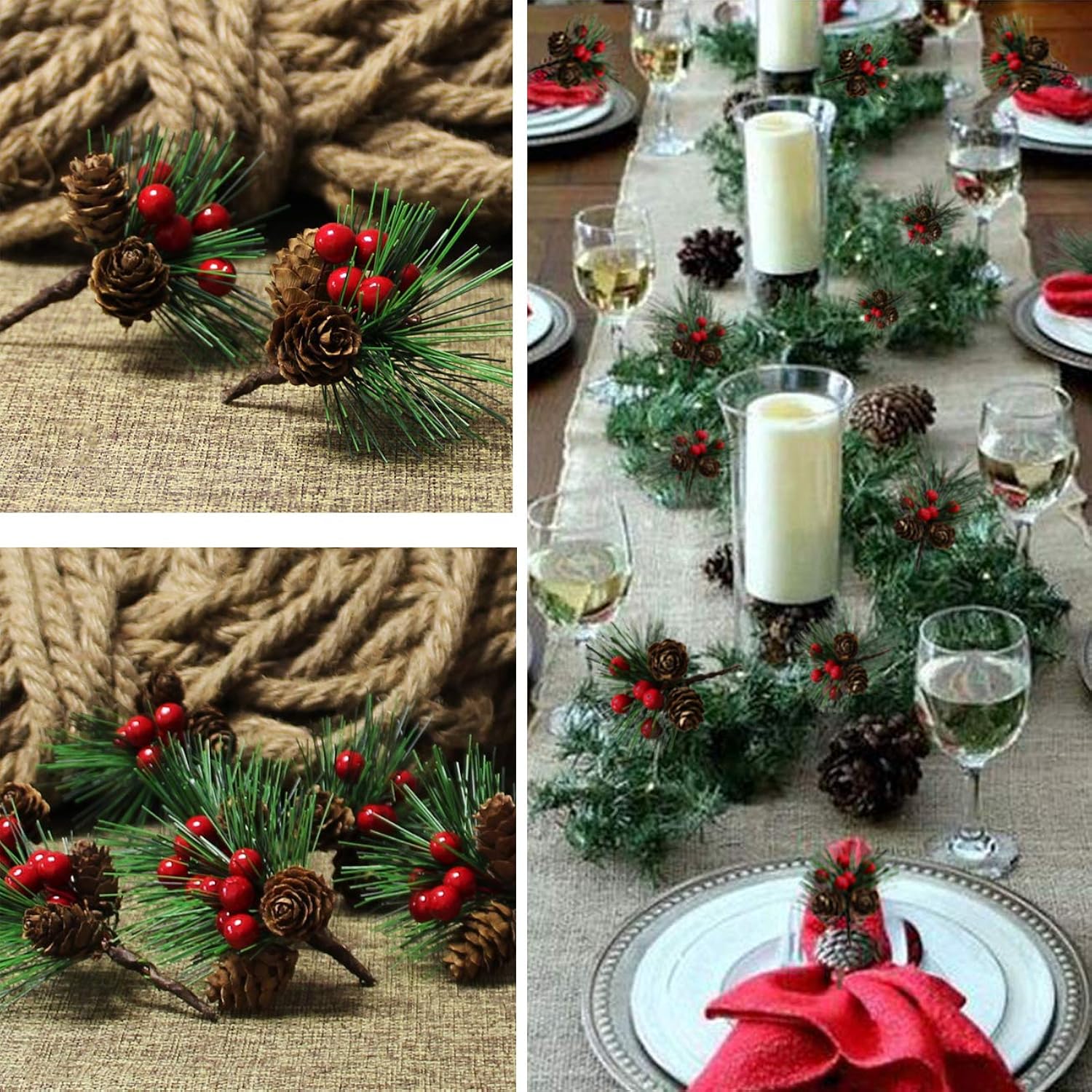 20Pcs Artificial Pine Picks Christmas Simulation Pine Needle Small Berries Pinecones For Flower Arrangements Wreaths Wedding Garden Xmas Tree Decorations (Red)