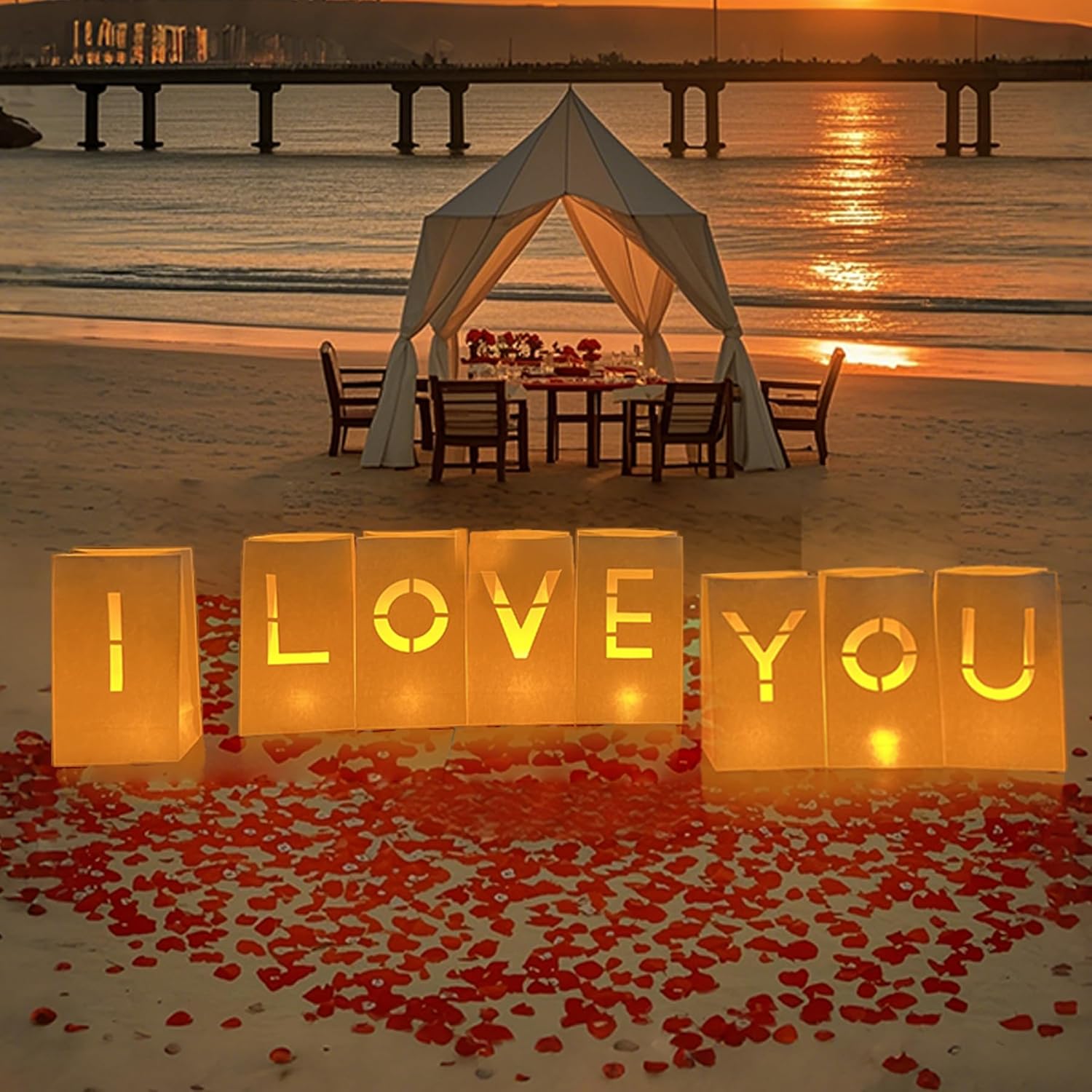 I Love You Sign Letter - I Love You Sign Light Up Letters, Romantic Proposal Anniversary Decorations For Valentines Day Special Night, Luminary Paper Bags With Tea Lights Candles Rose Petals