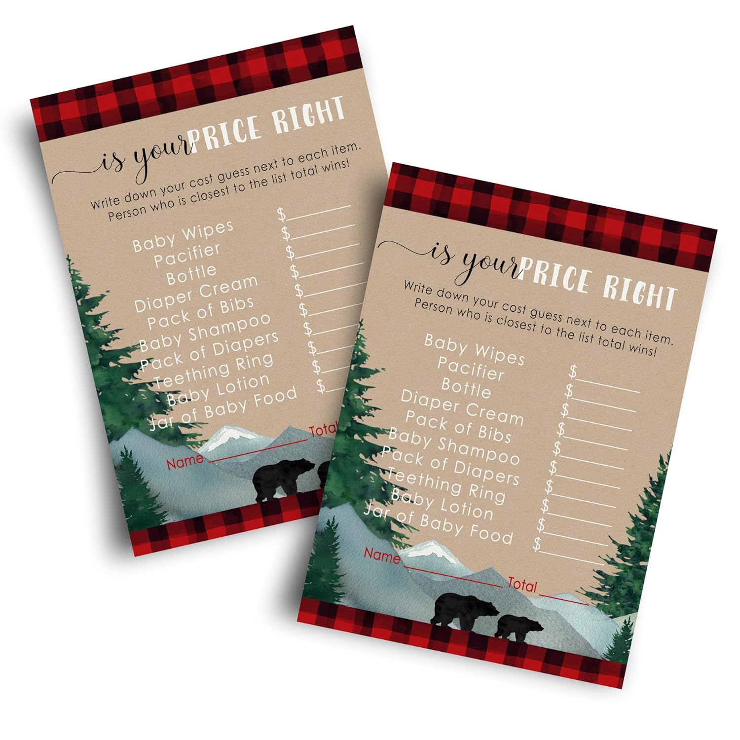 Mama Bear Baby Shower Games For Boys - Guess The Price Is Right - 25 Cards - Fun Activities For Guests With Prizes - Lumberjack Theme In Red And Black