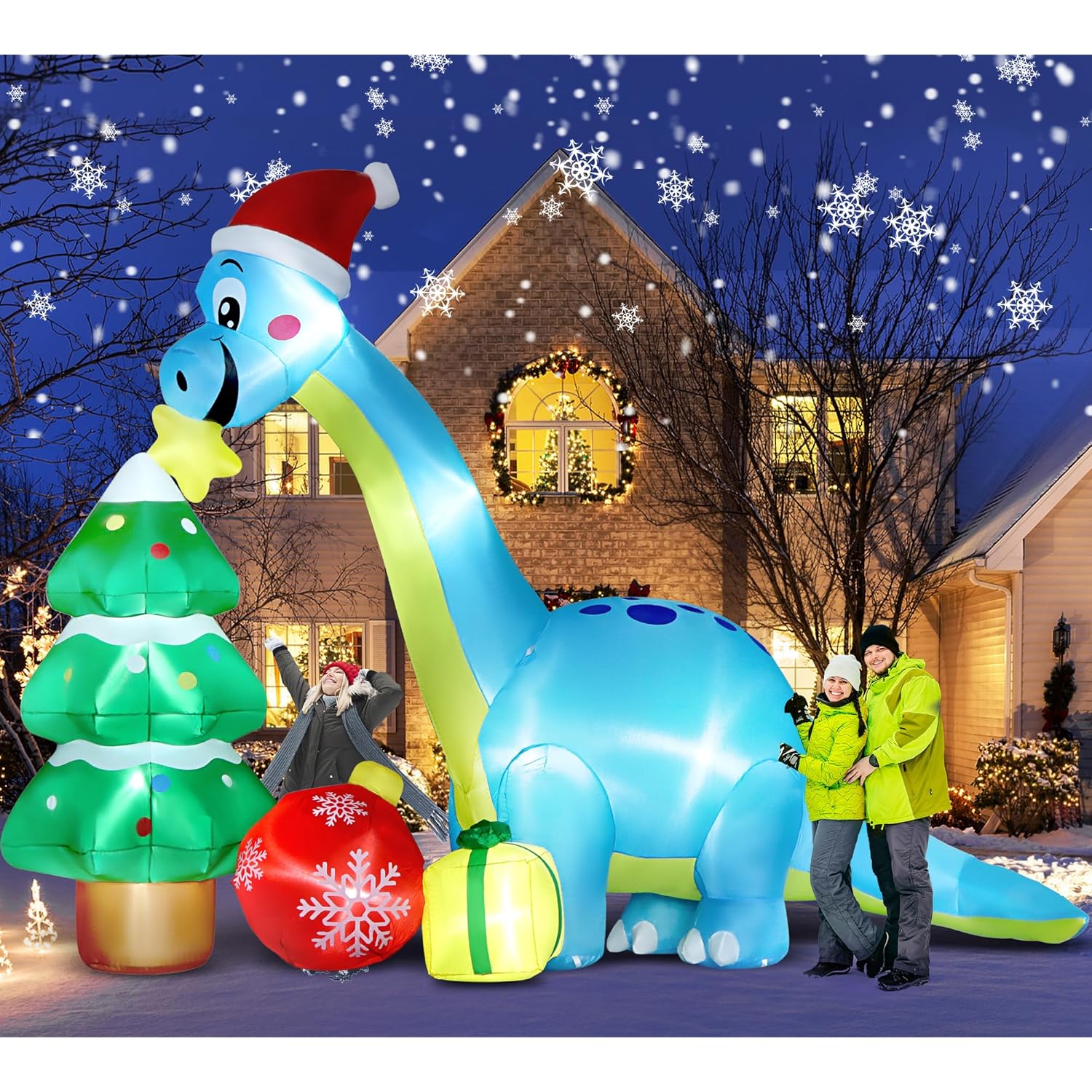 13.6 Ft Long Christmas Inflatable Decorations, Huge Xmas Inflatable Dragon Dinosaur With Trees Gift Hats Decors Built-In