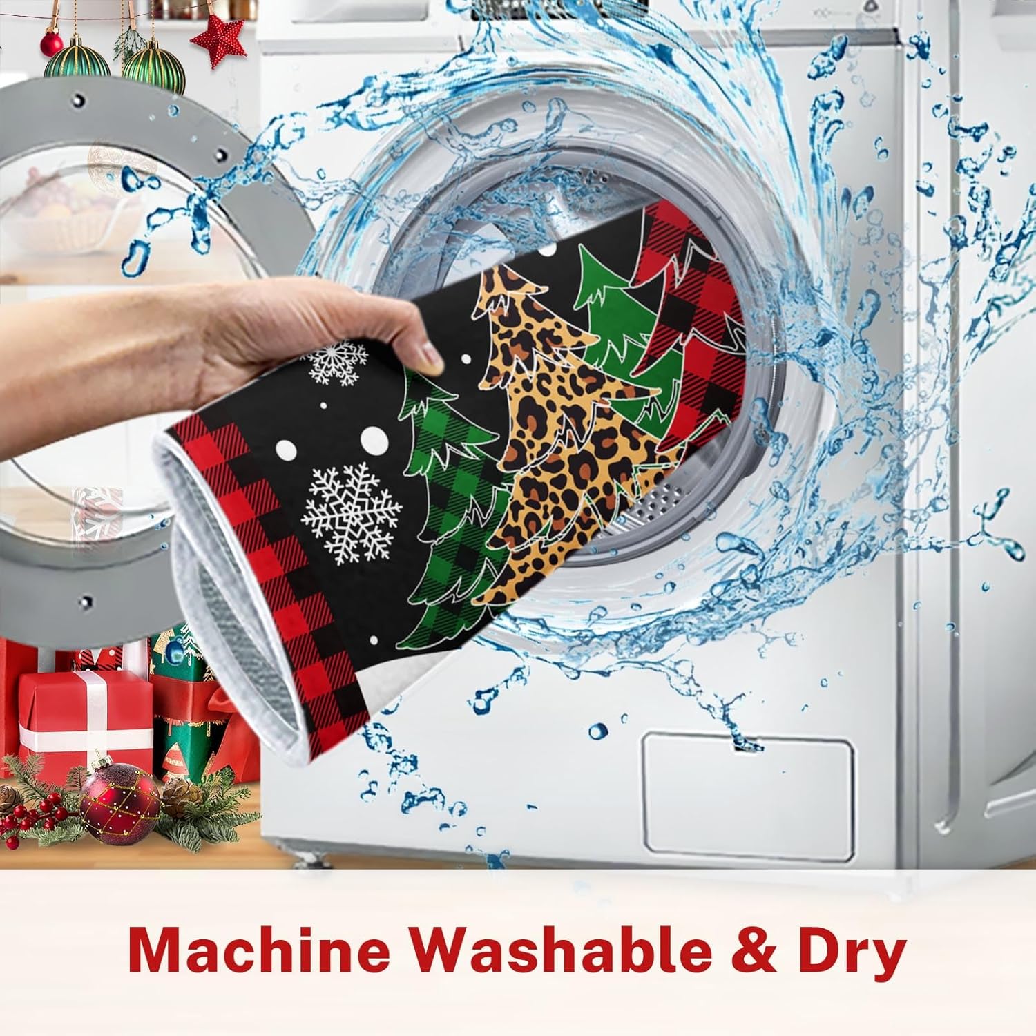 Absorbent Dish Drying Mat, Merry Christmas Microfiber Pad For Kitchen Counter, Winter Red Plad Tree For Coffee Bar Decor, Heat Resistant And Reversible, 18" X 24"