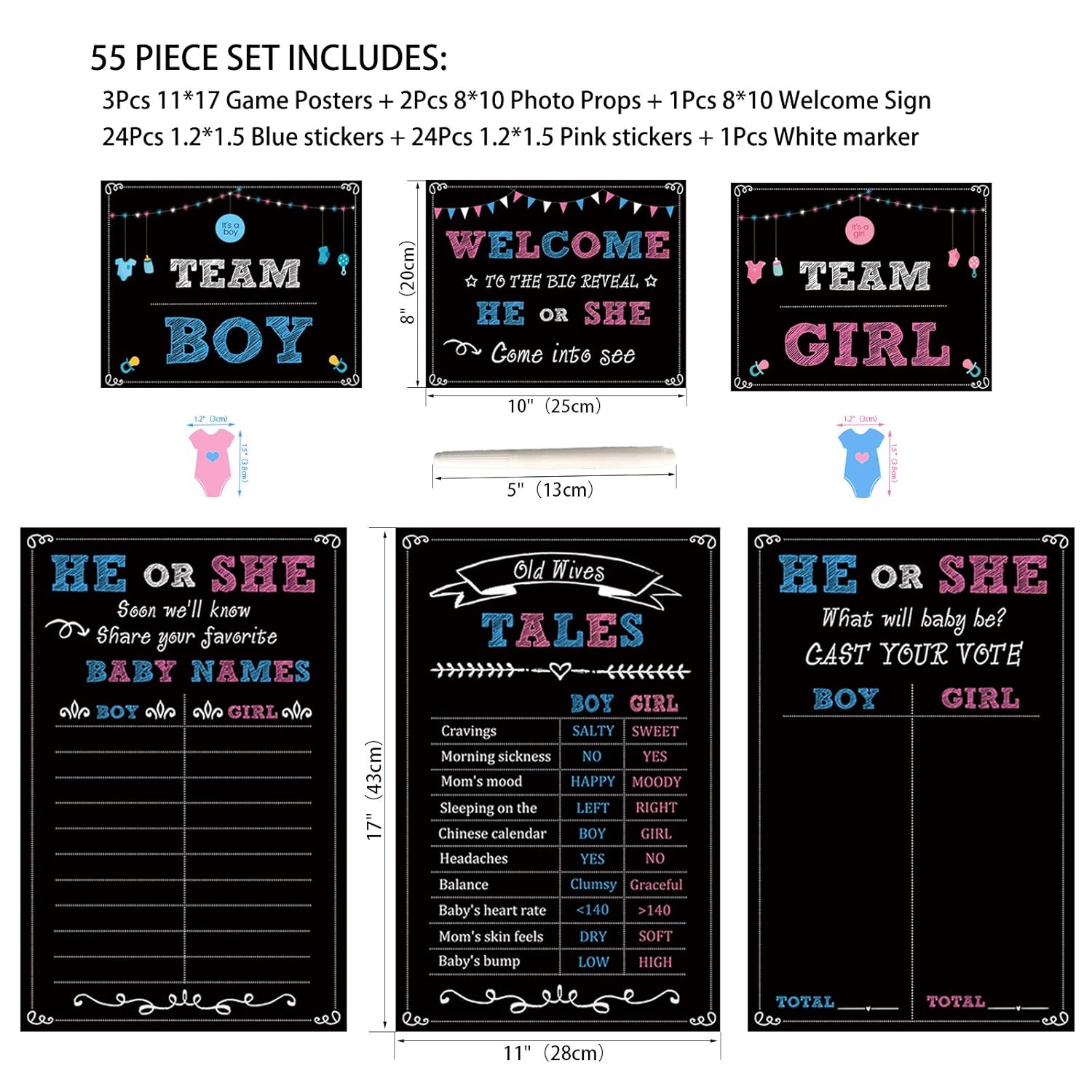 Baby Gender Reveal Party Supplies Kit, Photo Props Games Decorations,Boy Or Girl, Includes 3 Game Posters (11X17), 3 Signs (8X10), 1 Erasable Marker, 48 Blue And Pink Voting Stickers