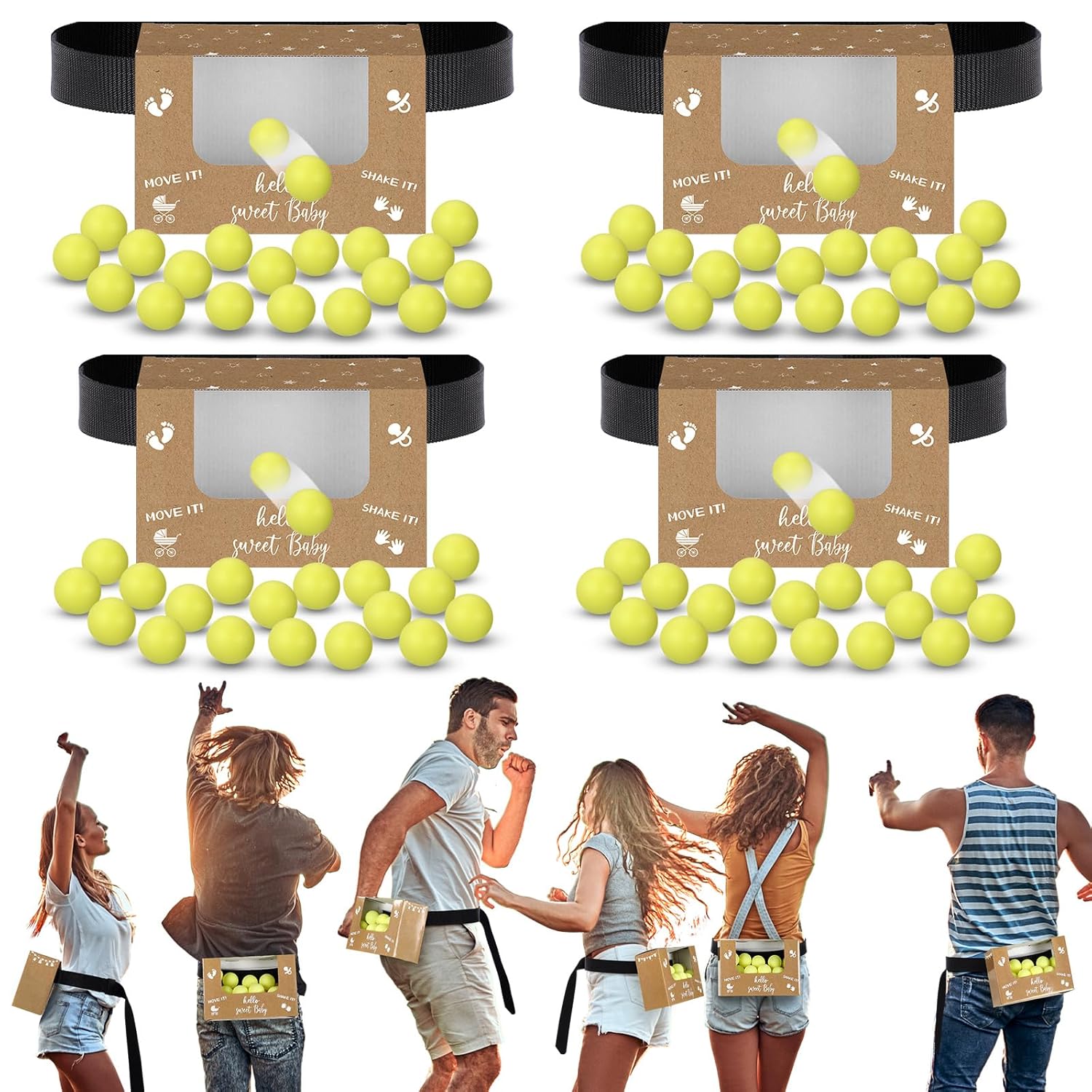 4 Sets Brown Kraft Paper Baby Shower Swing Shaking Balls Activity Set For Adult Novelty Twerk Includes 40 Balls, Ribbon & Cardboard Boxes Bridal Shower For Outdoors Indoors