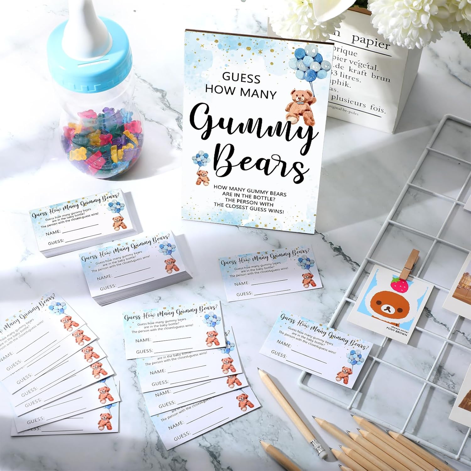 122 Pcs Baby Shower Games Guess How Many Bears 100 Guessing Cards 20 Pencils 1 Bottle 1 Wood Standing Sign For Baby Shower Games Gender Reveal Party Decoration(Blue)