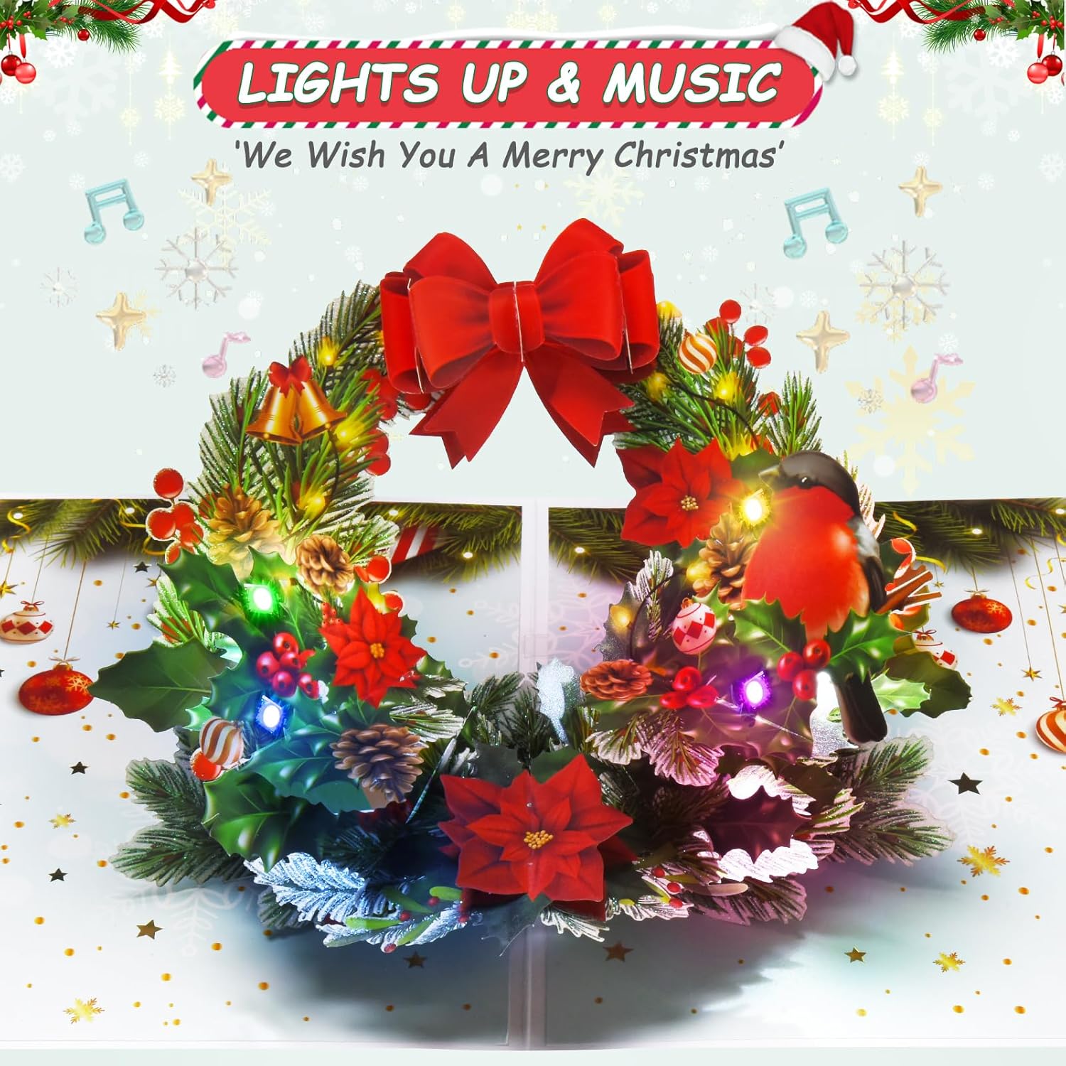 Pop Up Christmas Cards With Lights And Music, 3D Wreath Design, Handmade Musical Popup Greeting Card For Holidays Includes Envelop, Playing 'We Wish You A Merry Christmas'