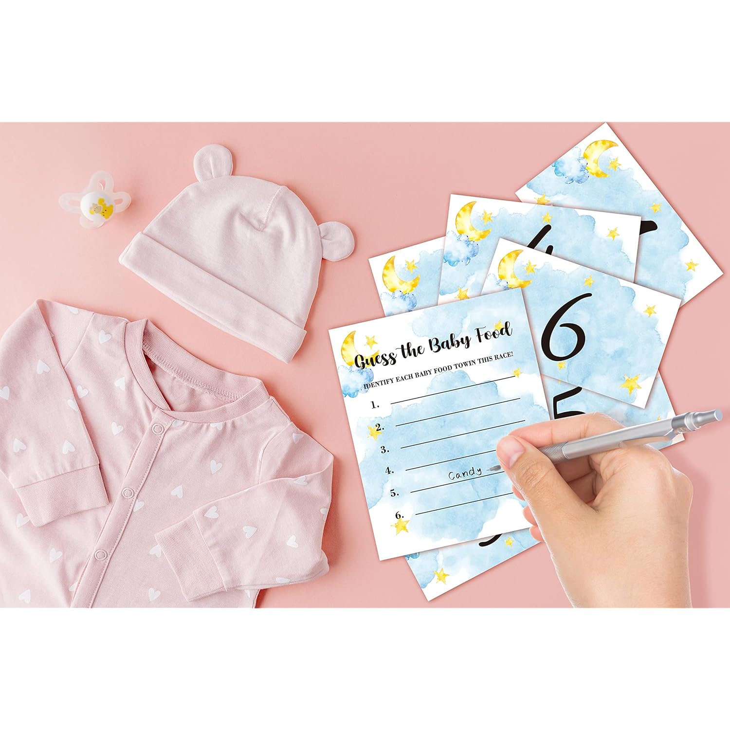 Baby Shower Game Set, Find The Baby Food Party Games(1 Standing Sign + 20 Answer Cards + 6 Number Cards), Moon And Stars Shower Games, Sleepover Gender Reveal Party Favor(A06)