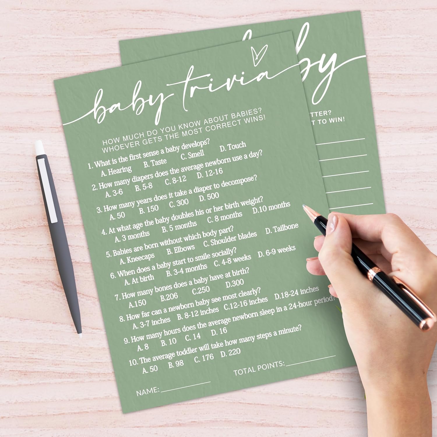 Hilarious Baby Shower Game Cards Ideas, 5" X 7" Double-Sided Baby Shower Games For Girl Or Boy, Green Minimalism Gender Reveal Party Supplies - D07