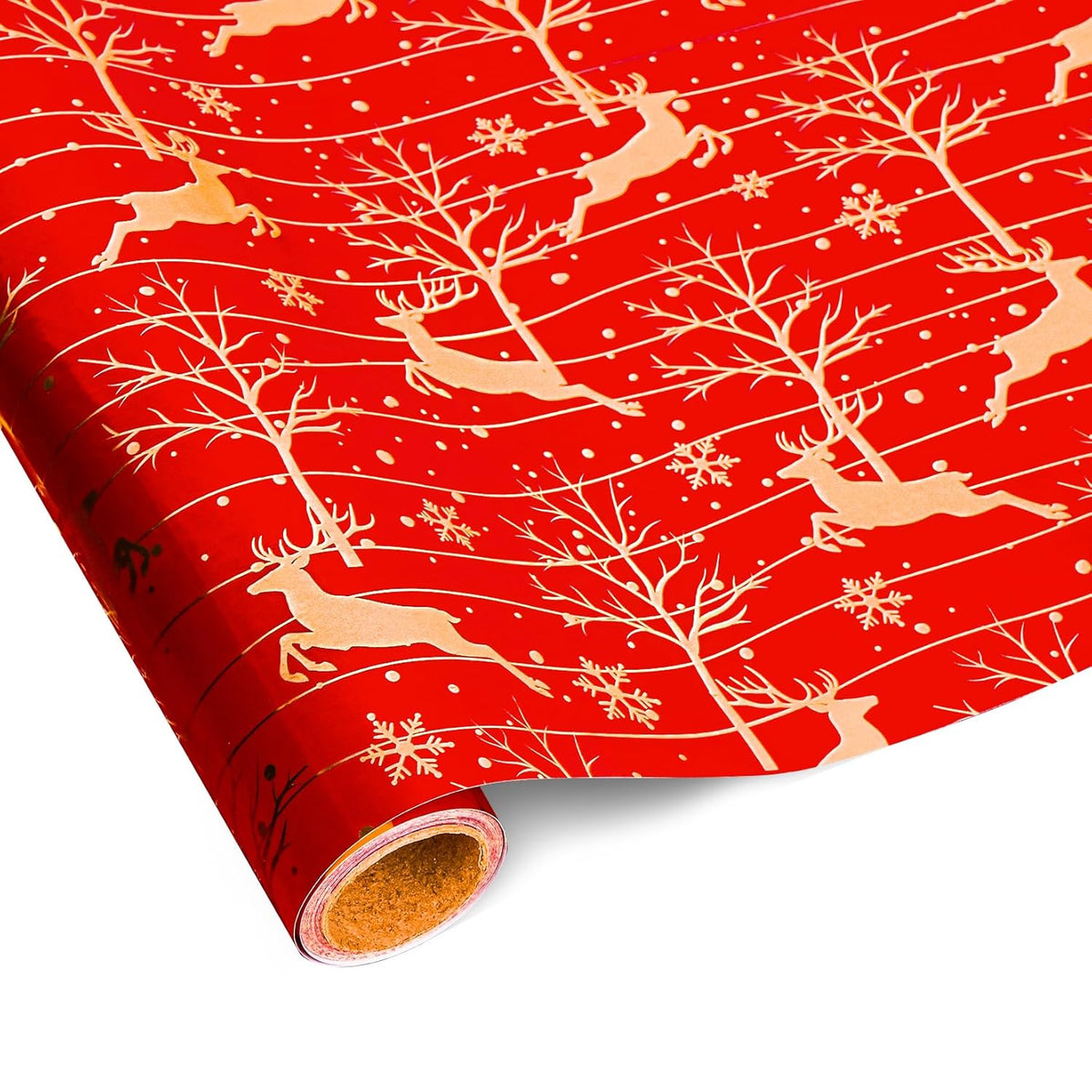 Red Christmas Wrapping Paper Roll - Red Reindeer Holographic Gift Wrap Luxury Metallic Foil Design For Festive Winter Holiday Season - 17In X 16.5Ft