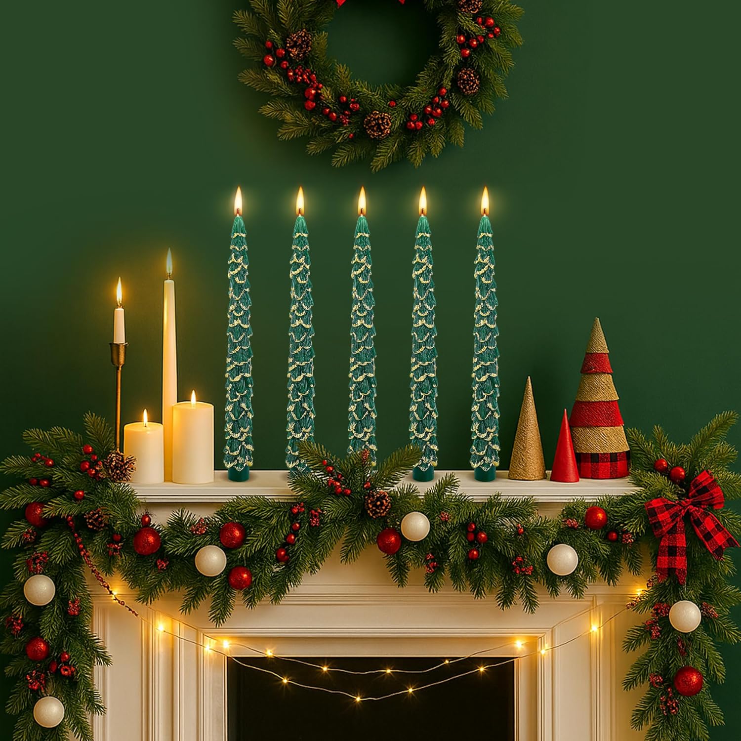 5 Pcs Christmas Tree Shaped Candles,10 Inch Unscented Christmas Tree Taper Candles With Gold Edged,Green Tree Taper Decorative Candles For Xmas Home Party Table Centerpiece