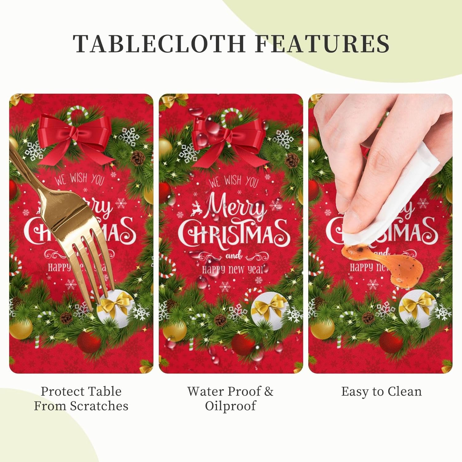 Christmas Tablecloth Round 60 Inch Christmas Wreath With Garland Tablecloth Red Table Cover For Dining Kitchen Holiday Party Picnic Home Decor