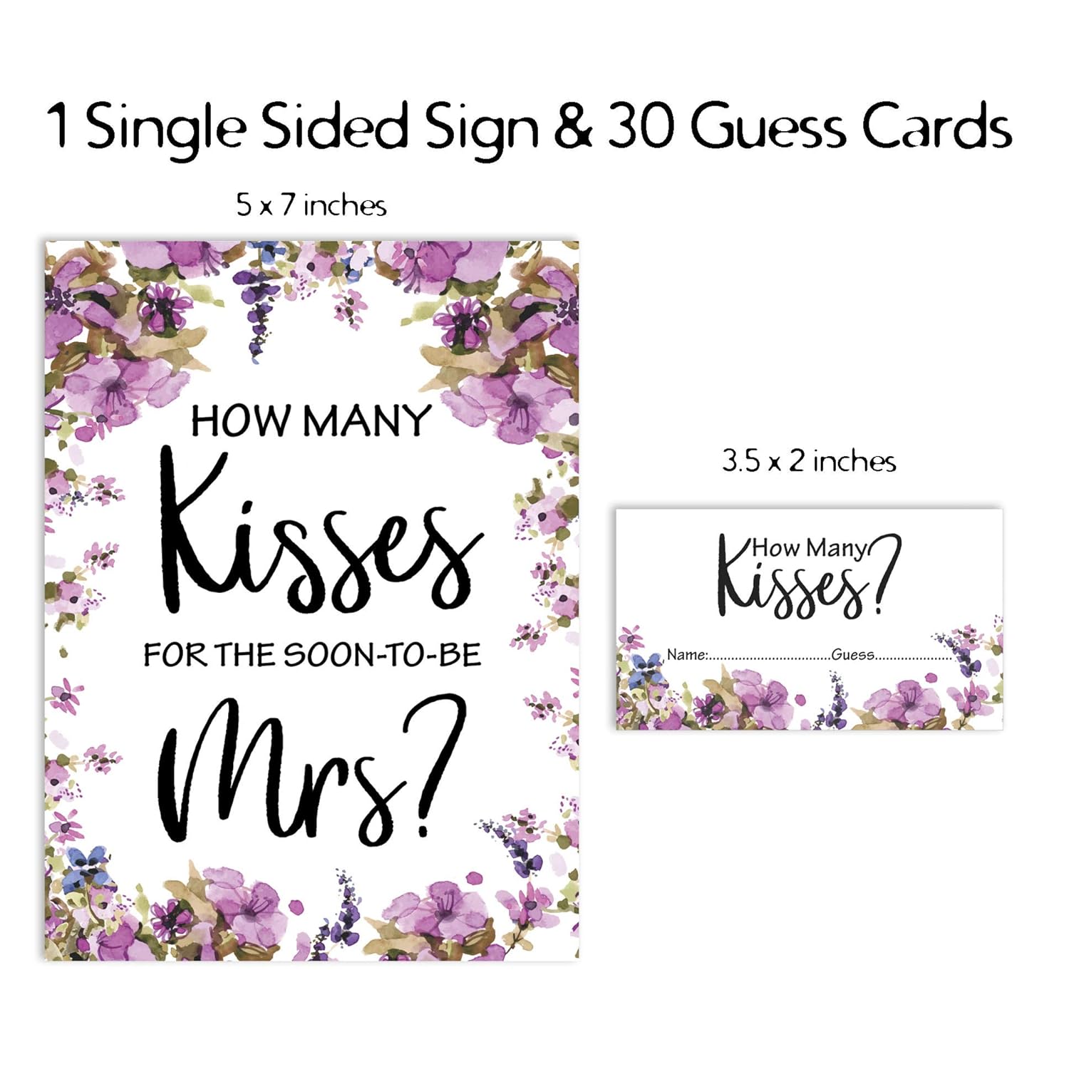 How Many Kisses For The Soon To Be Mrs Floral White Bridal Shower Game 1 Sign + 30 Cards