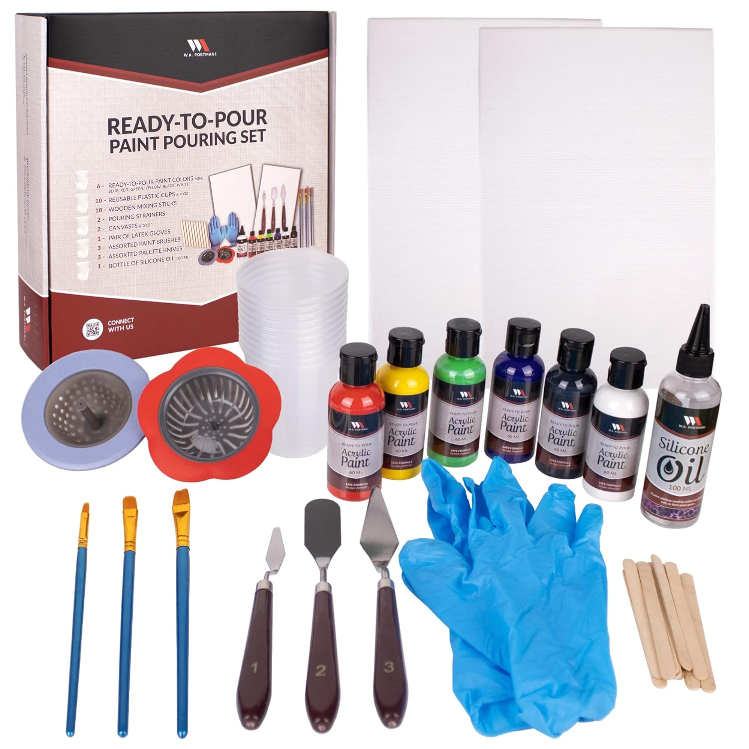 Wa Portman 38-Pc Ready To Pour Acrylic Pouring Paint Set – 6 Bottles Of Acrylic Paint Kits For Adults – Complete Painting Sets With Canvas Painting Supplies For Beginners & Professionals
