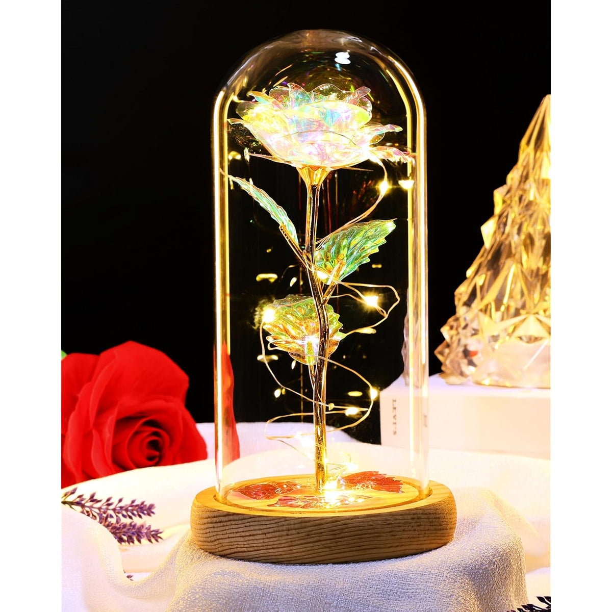 Mothers Day Flowers Gifts For Mom, Birthday Gifts For Women, Galaxy Glass Rose Gifts For Grandma Wife Daughter Artificial Forever Preserved Flowers For Delivery Prime Rose In Glass Dome, Rainbow