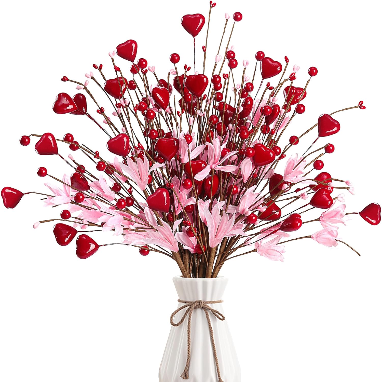 Valentine’S Day Gifts 12 Pcs Heart Shaped Berry Picks Artificial Red Heart Berry Twigs Forsythia Stem Branches With Pink Flowers For Valentine’S Day Anniversary Flower Bouquets Wedding Home Decor