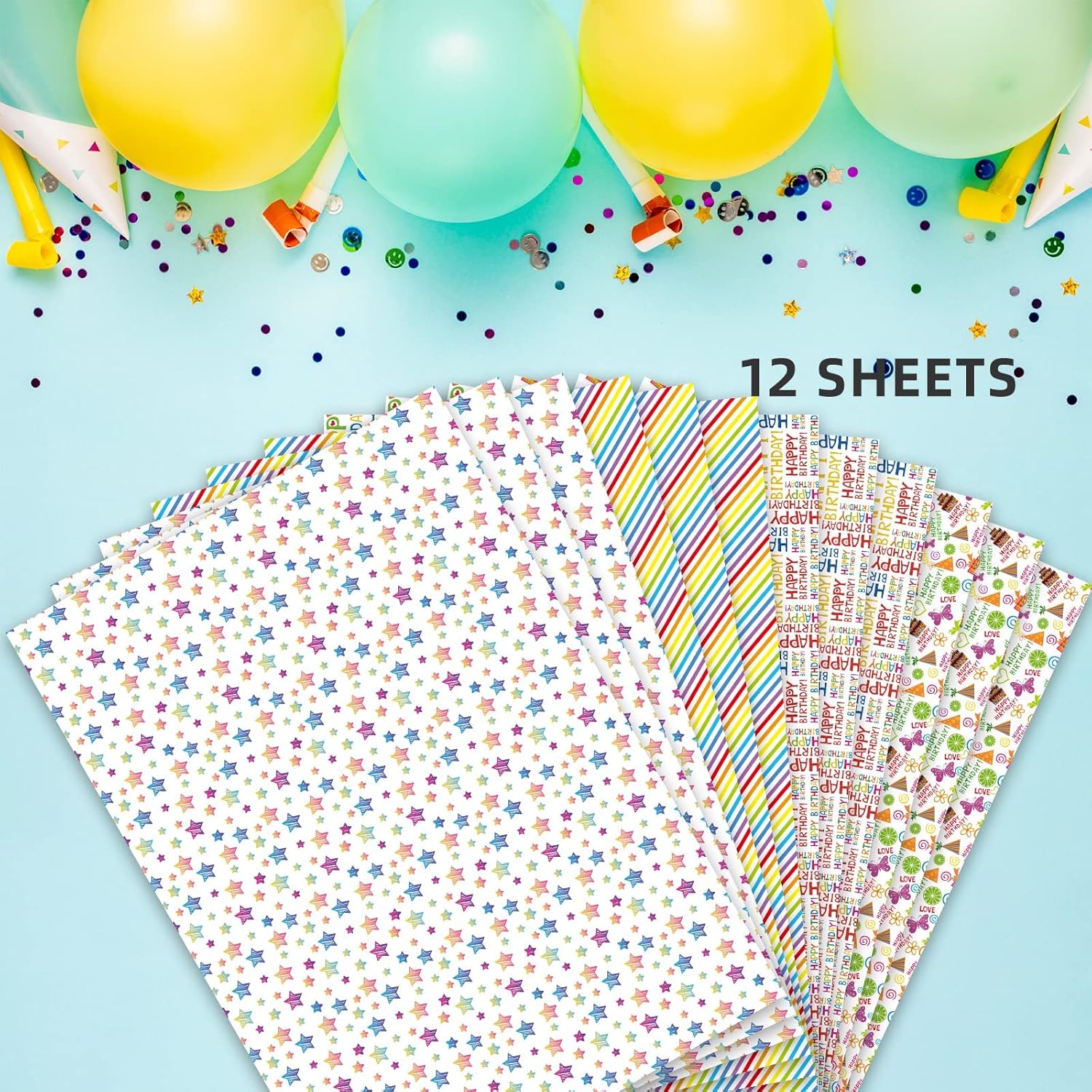 Birthday Wrapping Paper 12 Sheets Folded Flat For Kids, Boys, Girls, Adults.Includes Happy Birthday, Star, Rainbow, Cake 4 Colorful Designs For Baby Shower, Holiday, Party 20 X 29 Inch