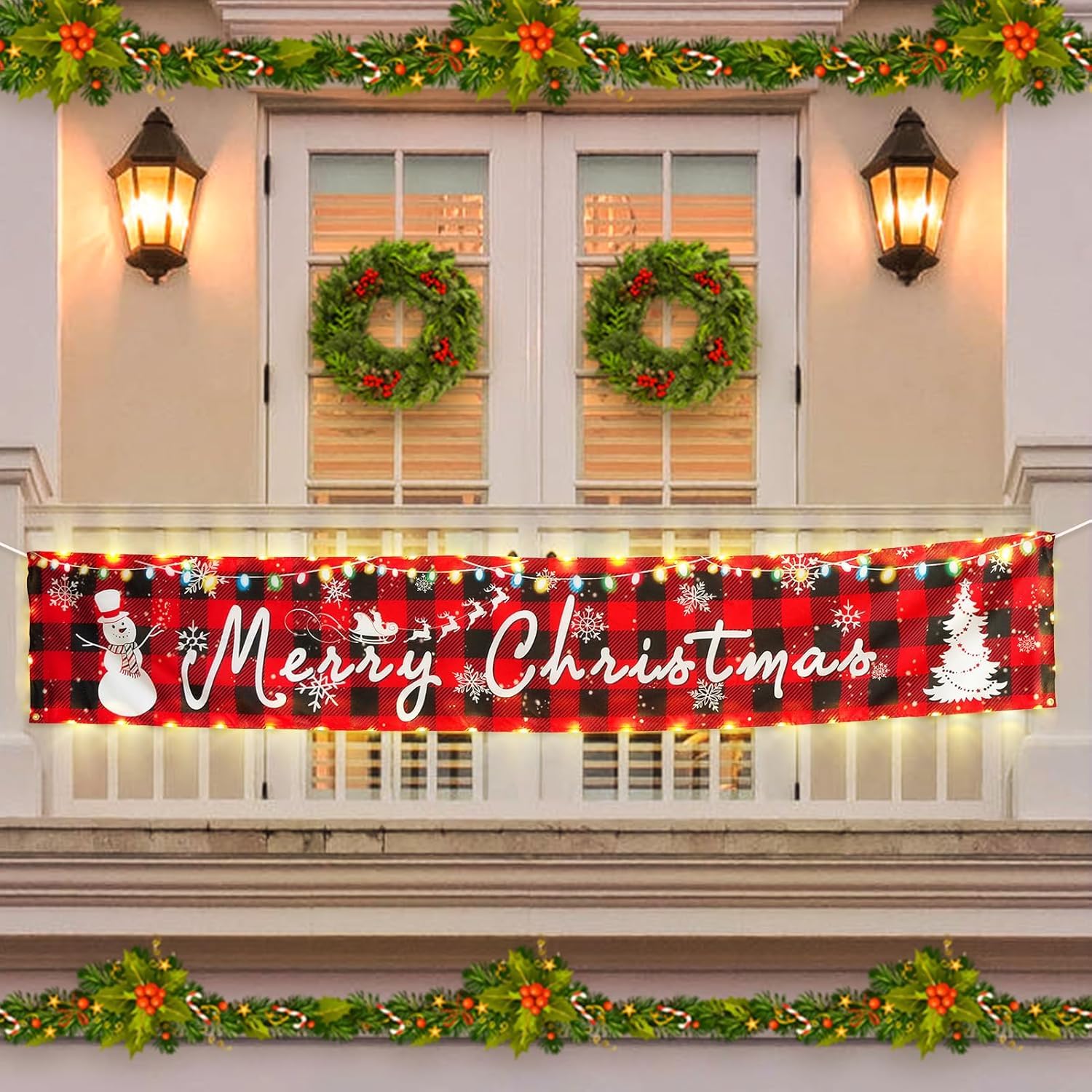 Solar Large Merry Christmas Banner, 120" X 20" Led Lighted Xmas Decoration Red Buffalo Plaid Hanging Huge Sign, Holiday Party Supplies Home Decor For Outdoor,Yard,Garden,Porch,Lawn (Plaid-Snowman)