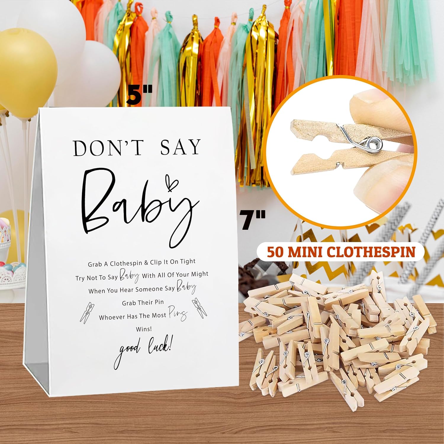 Don'T Say Baby Game Set, Don'T Say Baby Game For Baby Shower (One Sign With 50 Mini Clothespins), Minimalist Theme Baby Shower Decorations, Gender Reveal Game-Dsbb03