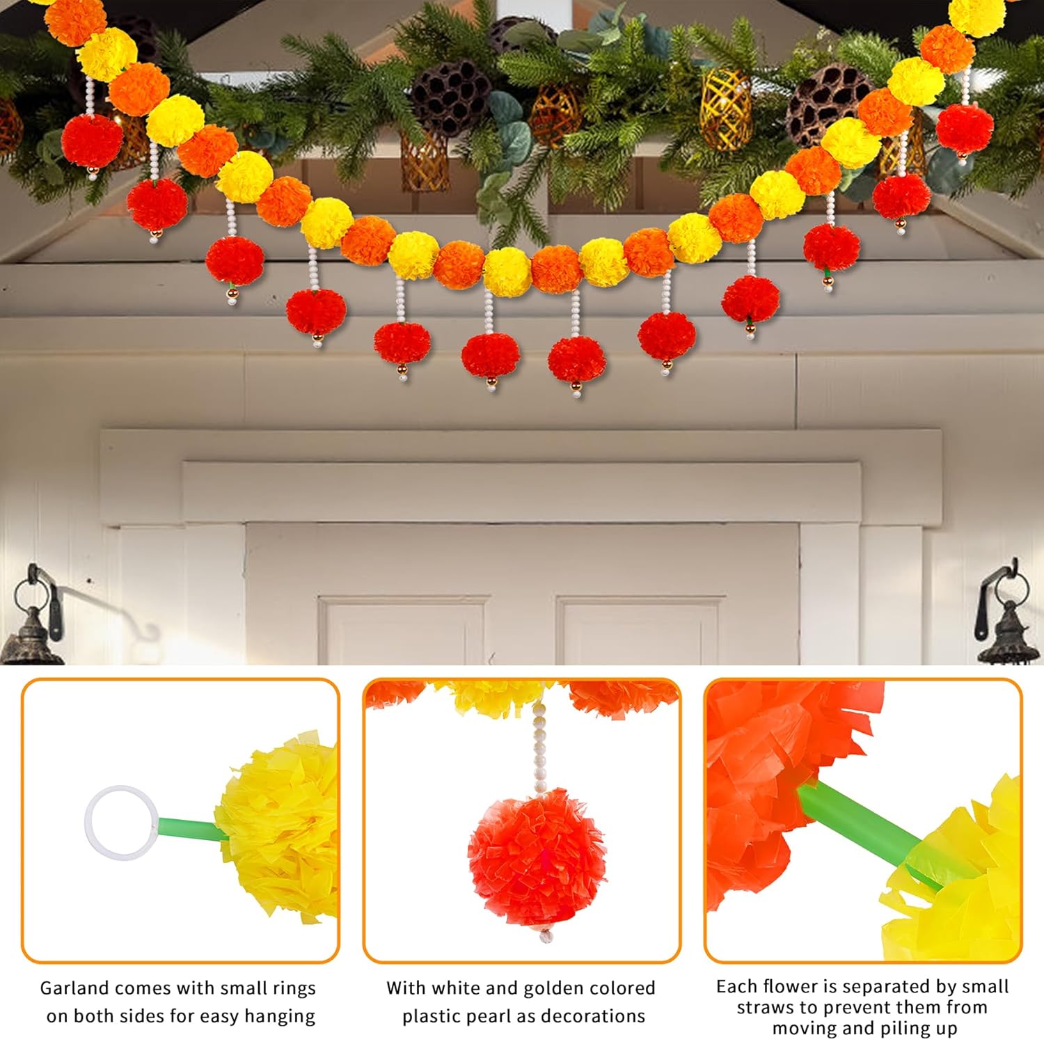 Diwali Artificial Marigold Garland With Pearls For Mantel, Pendant For Home Indian Wedding Party, Long Strands Marigold Flower Hanging For All Year Decoration