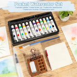 Mini Watercolor Paint Set Paint Palette Travel Kit Pocket Artist Water Color Travel Set With Colours, Binder Clips, Watercolor Pens, Wooden Paint Box For Painters Artists Students
