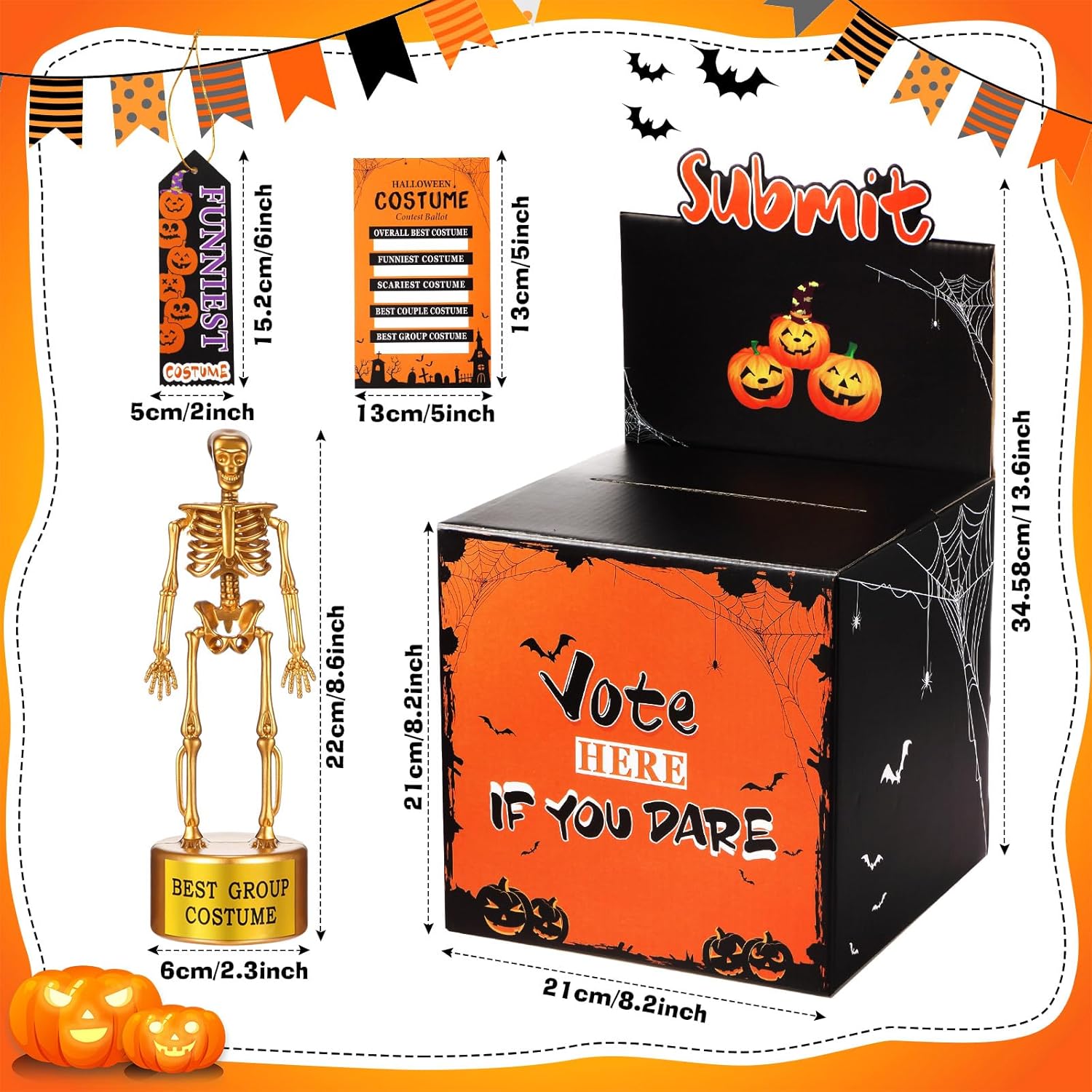 56 Pcs Halloween Party Supplies Include Halloween Contest Ballot Box, 5 Gold Trophies, 40 Voting Cards And 10 Award Prize Cards For Favor Fun Decor