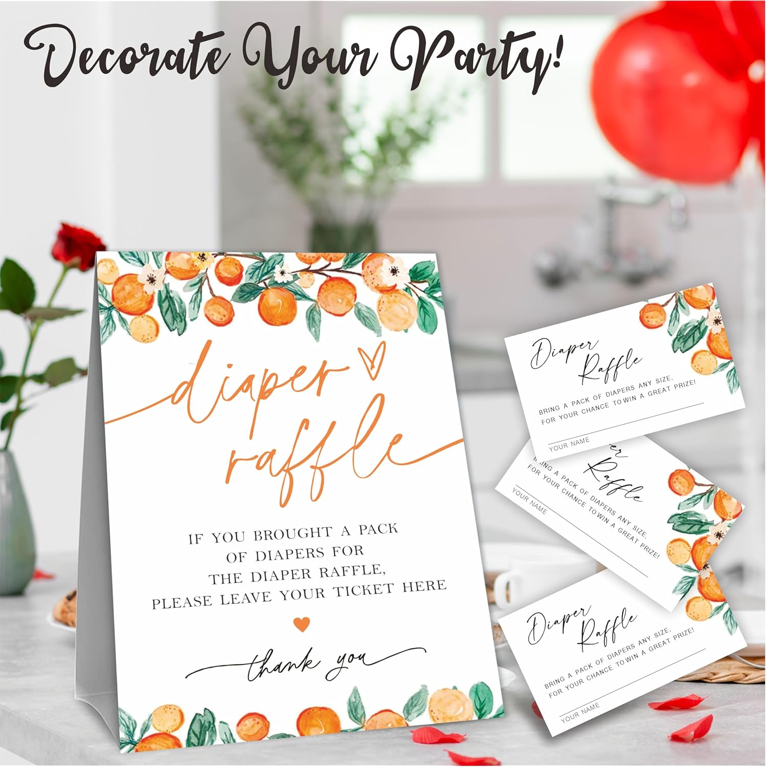 Diaper Raffle Game Kit For Baby Shower, 50 Cutie Orange Diaper Raffle Tickets & 1 Standing Sign, Gender Reveal, Baby Shower Decorations, Party Favor & Supplies - A01