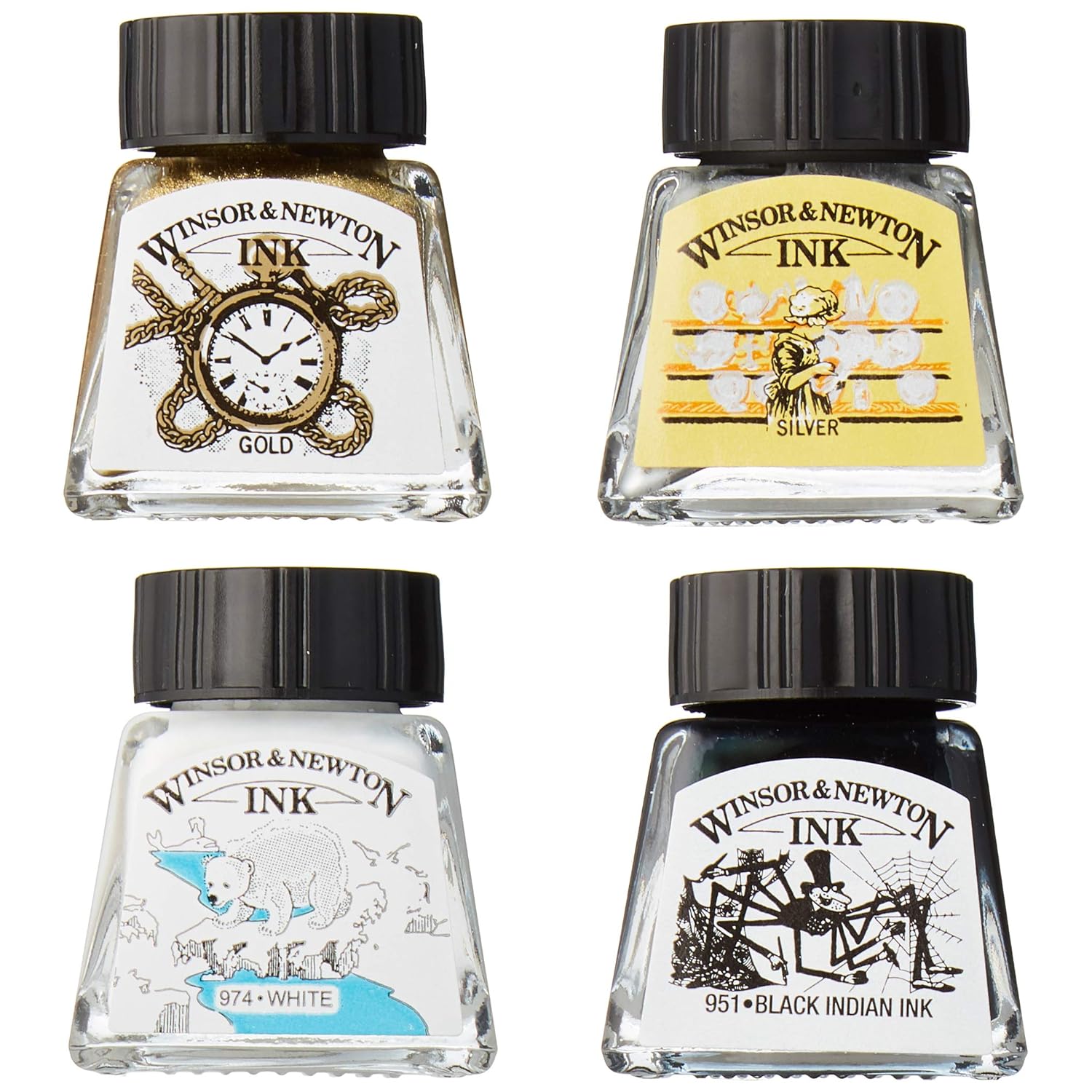Winsor & Newton Collection Drawing Ink Set, Set of 4, Black, White, Metallic Tones