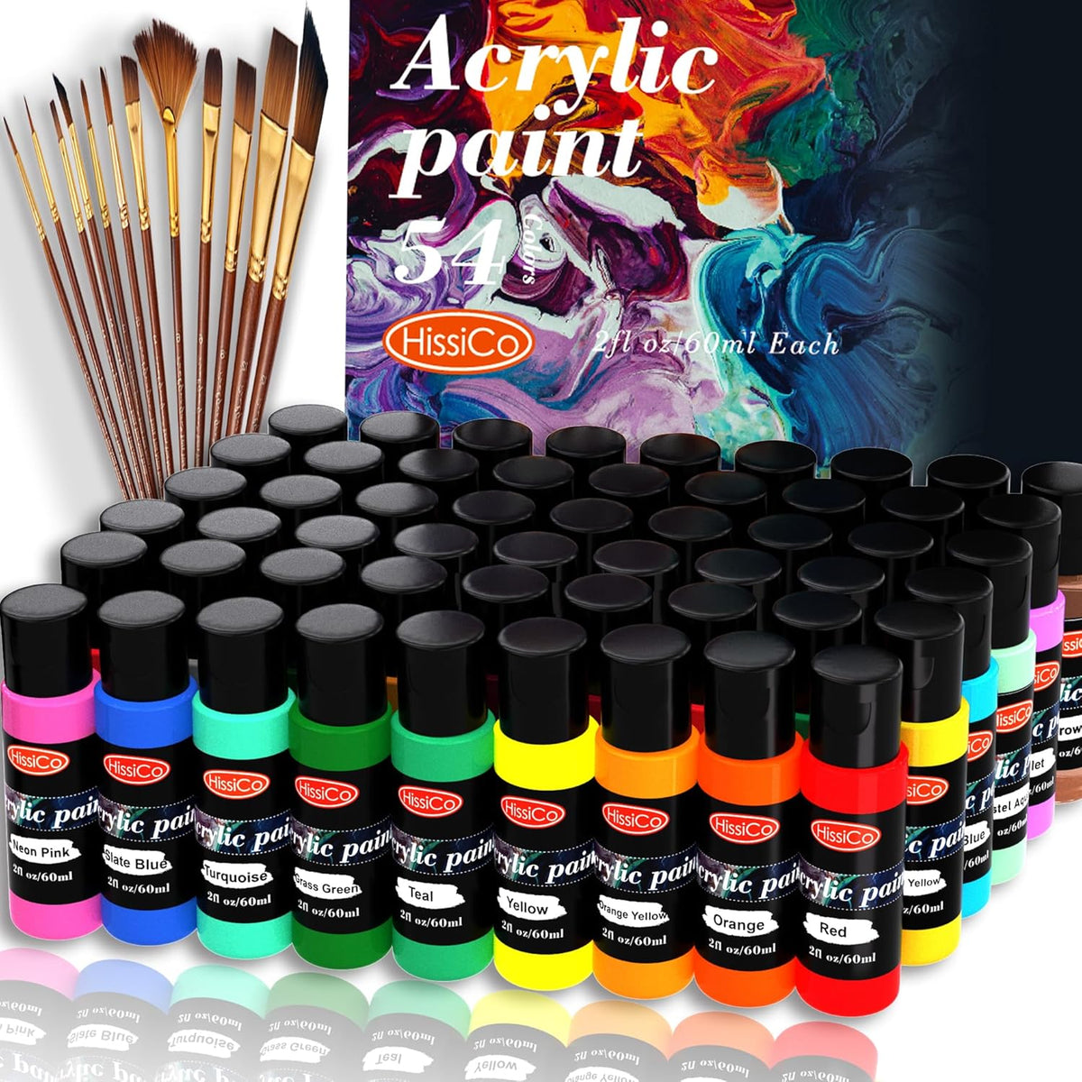 Acrylic Paint Set 66 Pcs Of 54 Colors 2Fl Oz 60Ml Bottles With12 Brushes,Non Toxic 54 Colors Acrylic Paint No Fading Rich Pigment For Kids Adults Artists Canvas Crafts Wood Painting