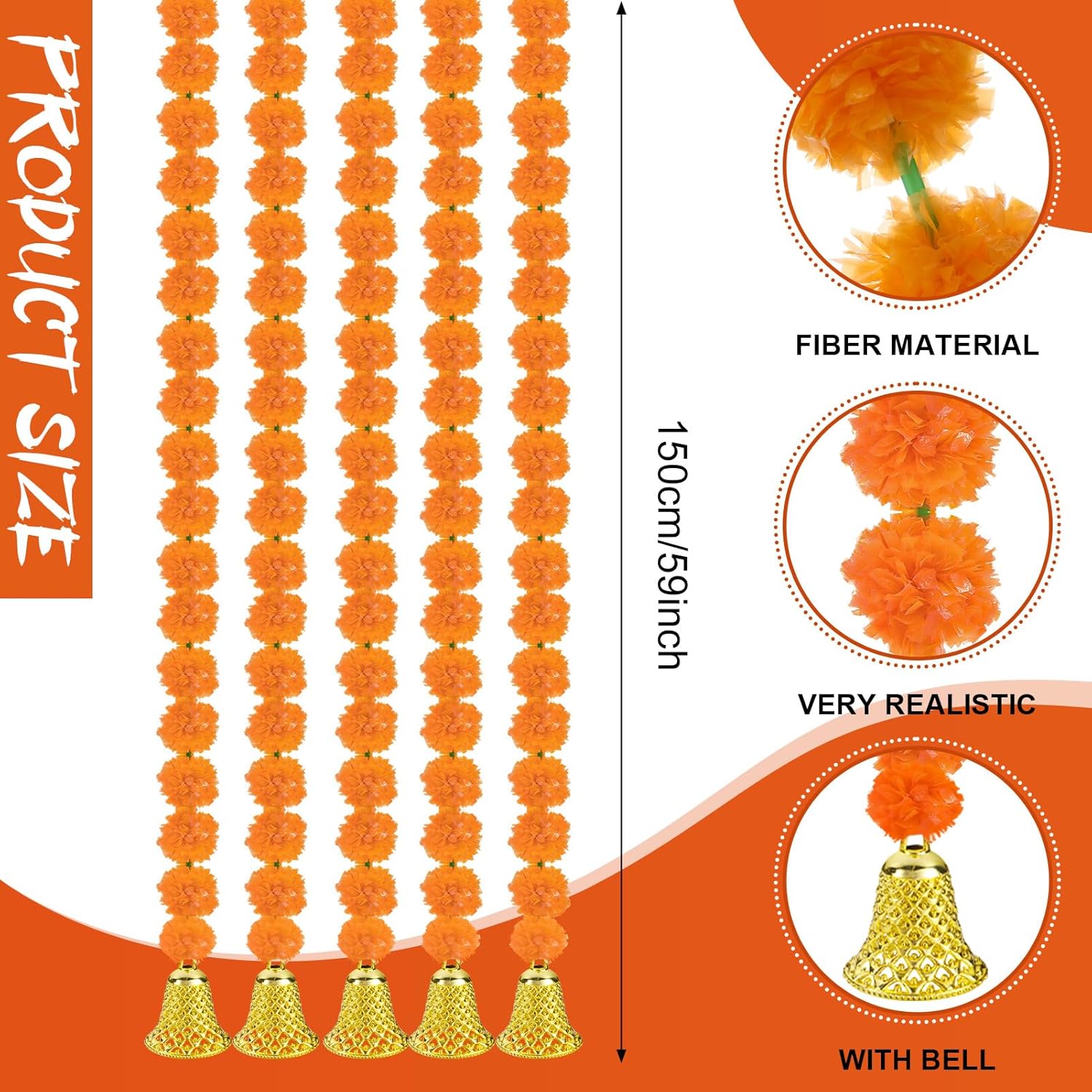 10 Pcs Marigold Garland For Diwali Decoration Pooja Decoration Items Indian 5 Feet Long Artificial Marigold Flowers For Pooj Dia De Los Muertos Varalakshmi Day Of The Dead(Orange)