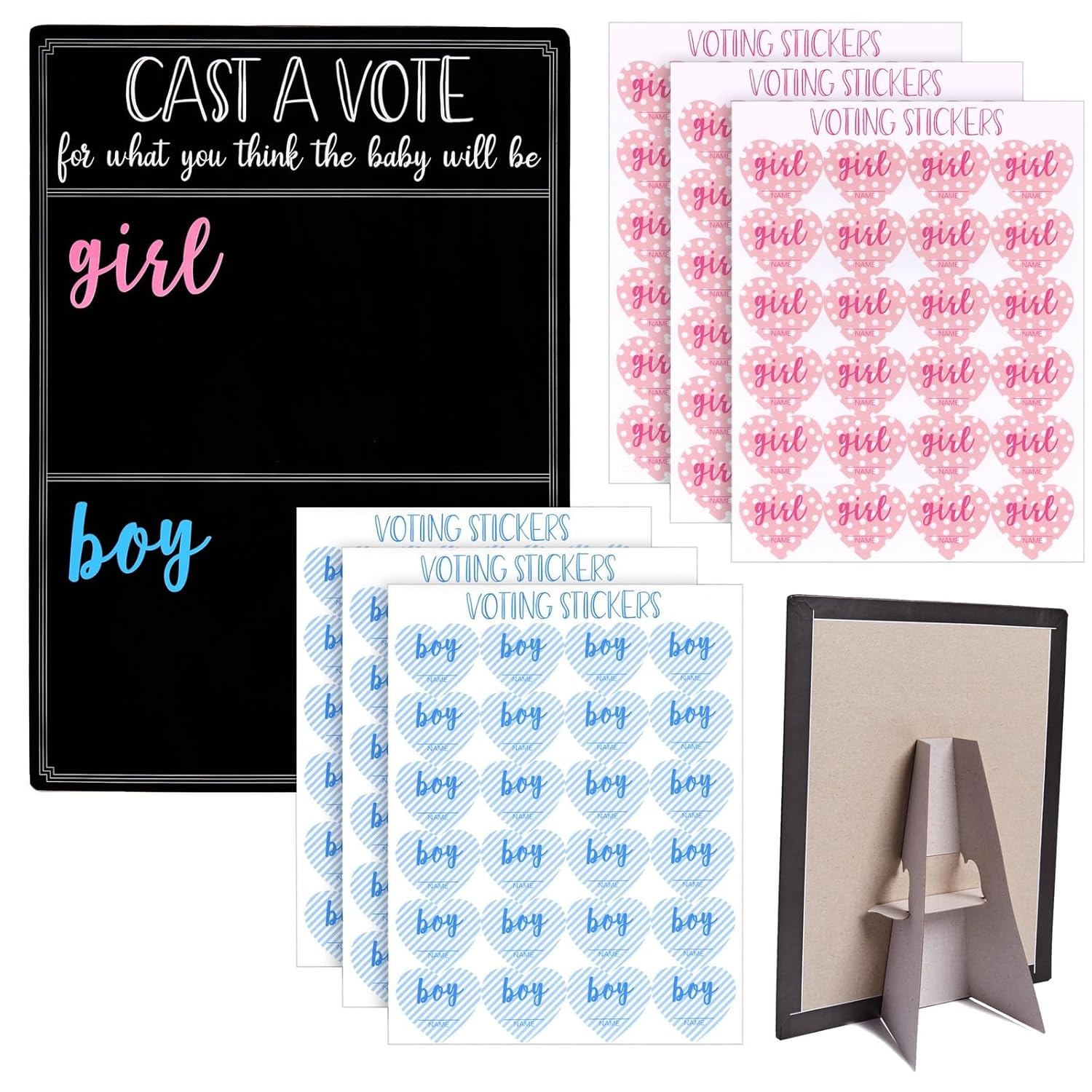 Boy Or Girl Voting Board - Interactive Gender Guessing Board - Classic Black Chalkboard Baby Shower Decoration - Easy Tabletop Display For Baby Shower Games - Black, 12 X 17 In, 144 Stickers