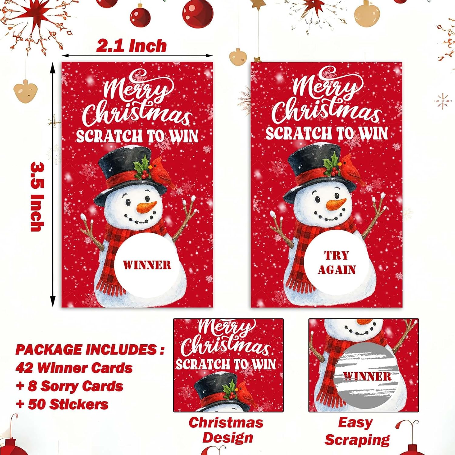 50 Pcs Christmas Scratch Off Cards With Stickers, Christmas Plaid Scarf Snowman Games For Family Party, Xmas Raffle Tickets For Group Game Prizes -C03