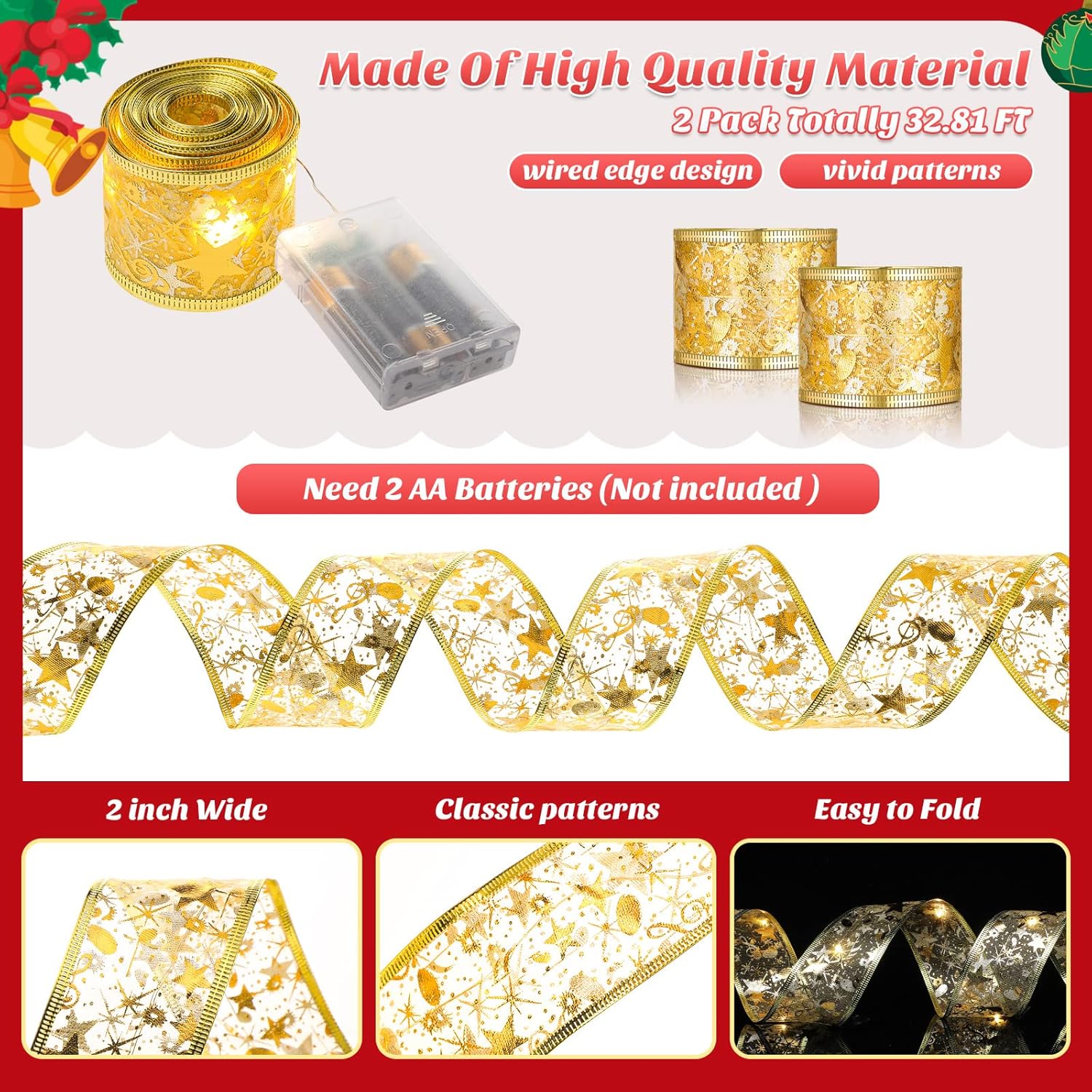 2 Pack 32.8 Feet Christmas Ribbon Lights 100 Led Battery Operated Xmas Fairy Double Layer Copper Wire Ribbon Bows Fairy