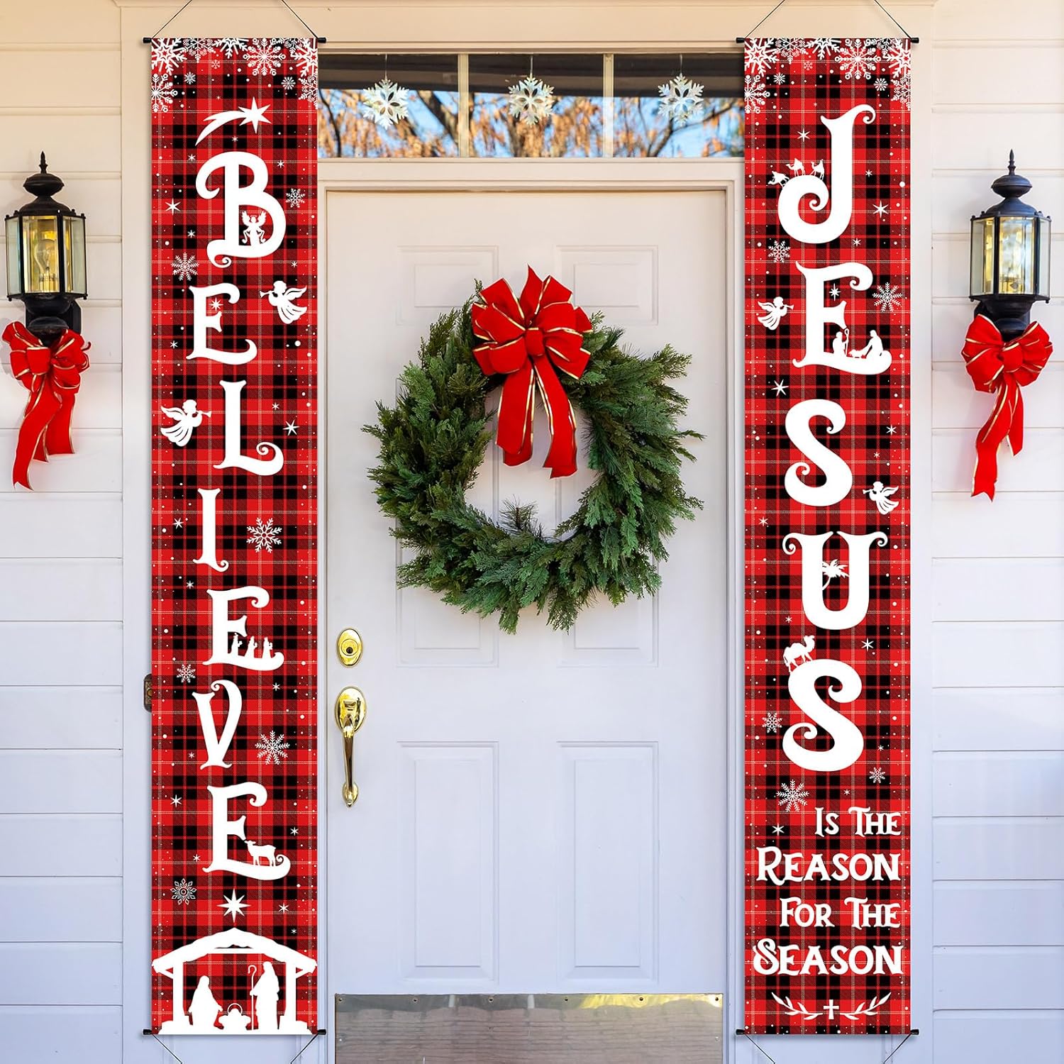 Christmas Front Porch Banners Winter Religious Nativity Scene Sign Holiday Hanging Banner Xmas Decoration For Front Door Believe Jesus Is The Reason For The Season 12 X 71 Inch