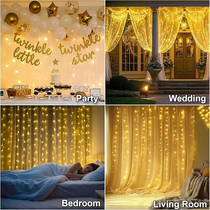300 LED Curtain Lights 9.8FT x 9.8FT Warm White Fairy String Lights with Remote 8 Modes for Bedroom Wedding Party Decor