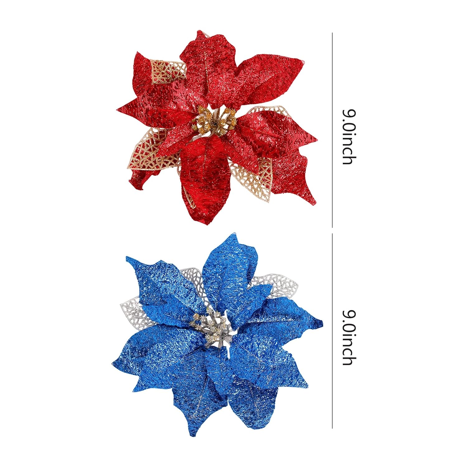 9 Inch Large Glitter Royal Blue Poinsettia Christmas Tree Ornaments Wedding Artificial Flowers Decorations Pack Of 12