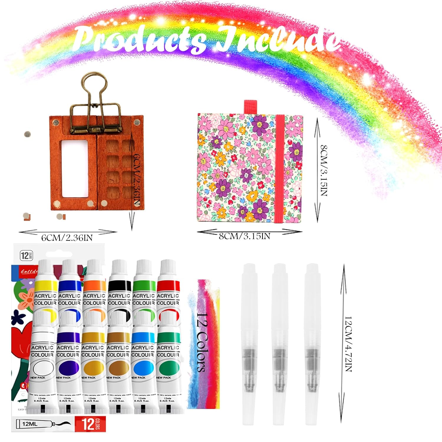 Pocket Wooden Paint Palette With Metal Clip, Water Colour Paints Sets With Sketchbook & Water Pen For Painters,Artists,Beginner (Rose-12 Colors, S-8 Grids)