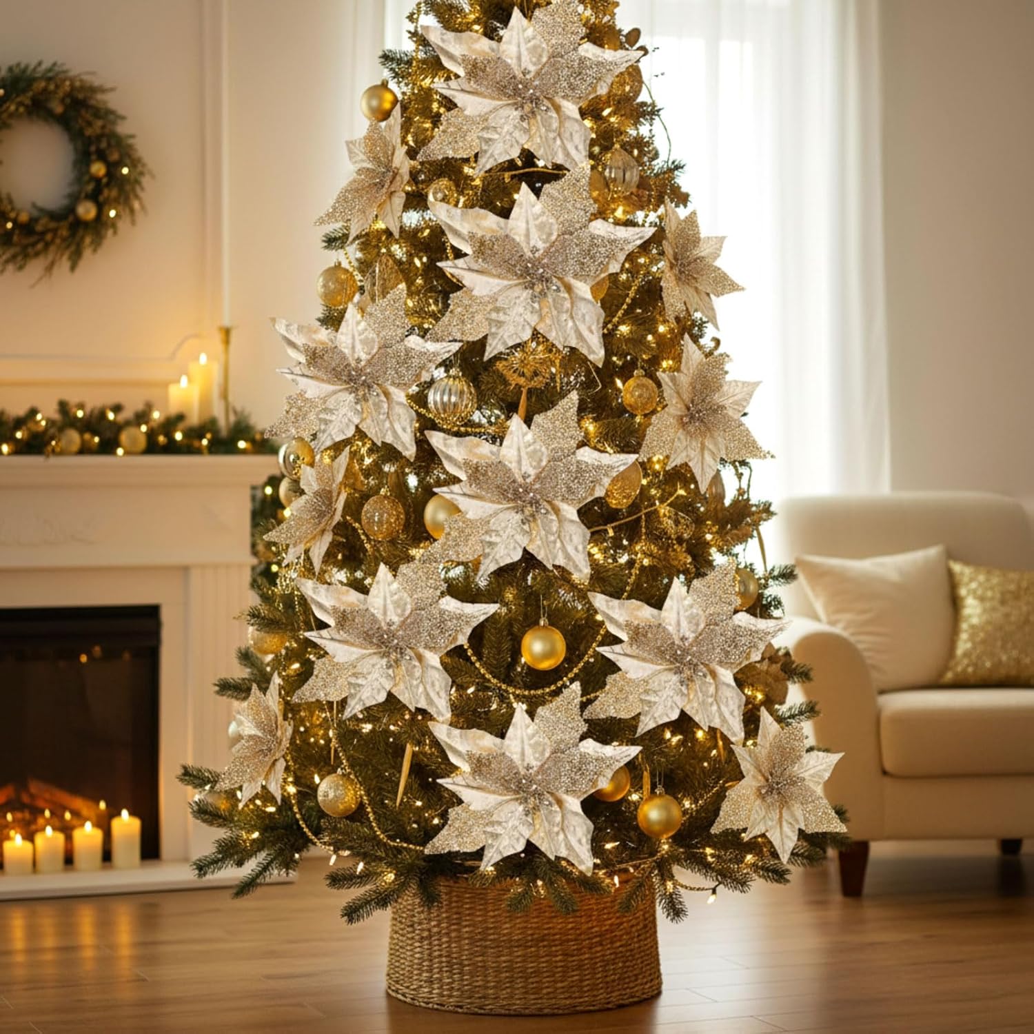 12 Pcs 9 Inch Artificial Christmas Poinsettias For Decoration Champagne Poinsettias With Clip Glitter Flower Christmas Tree For Xmas Tree Home Vase Wedding Holiday Garland Decor