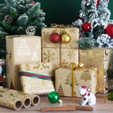 Christmas Wrapping Paper - 3 Mini Rolls, Metallic Gold Foil Kraft Wrapping Paper With Reindeer Christmas Tree Design, Brown Kraft Gift Wrap For Xmas Holiday New Year, 17 Inch X 118 Inch Per Roll