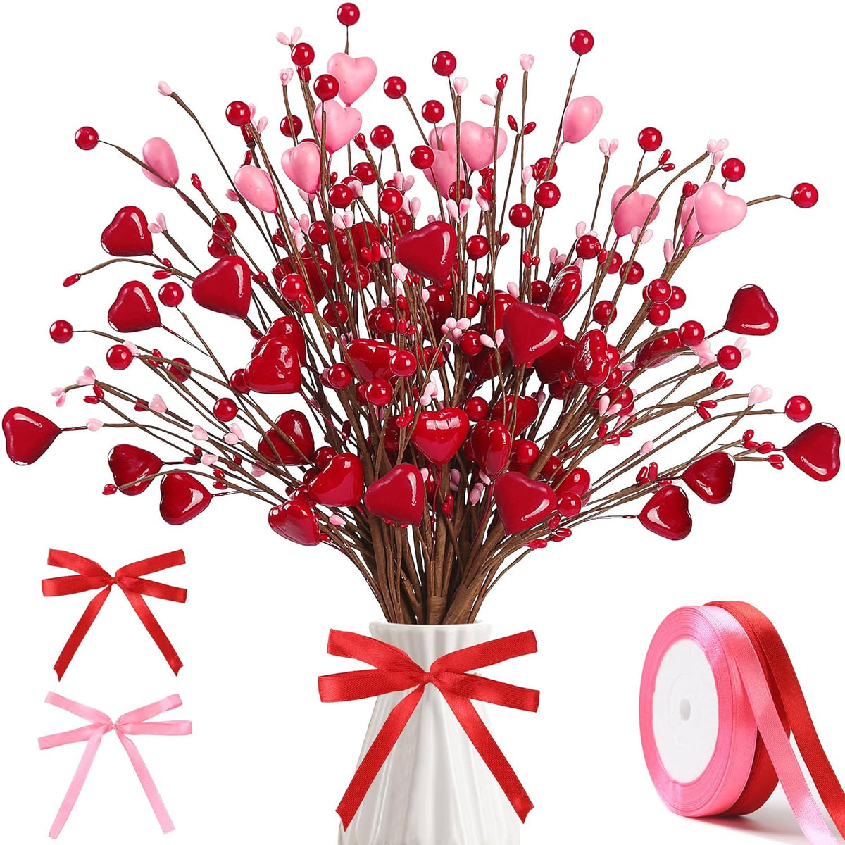 Valentine’S Day Gifts 12 Pcs Heart Shaped Berry Picks Artificial Red Heart Berry Twig Stem Branches With 2 Rolls Of Ribbon Pink Pips For Valentine’S Day Anniversary Flower Bouquets Wedding Home Decor