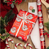 Christmas Wrapping Paper Roll - 17 Inches X 32.8 Feet Red White Metallic Foil Shine Cute Present Packing Paper - Santa Claus/Snowflakes/Merry Christmas Lettering Design