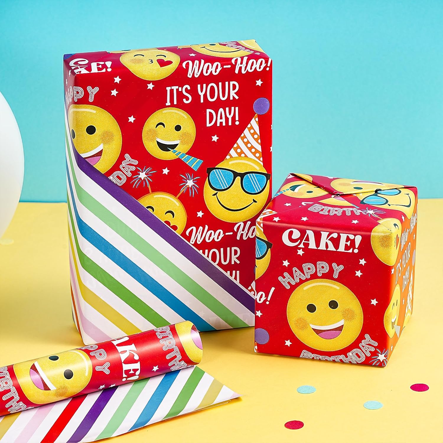 Reversible Funny Birthday Wrapping Paper Roll, Mini Roll, Funny Emoji Party Faces And Red Happy Birthday Design Gift Wrap For Boys Kids, Fun Celebrations, 17 Inches X 16.4 Feet