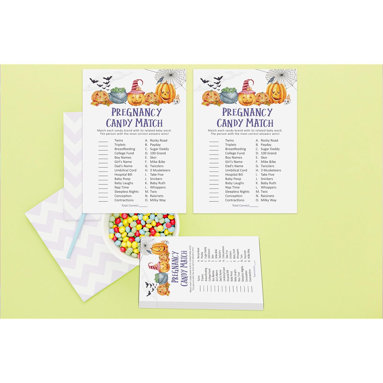 Sweet Baby Candy Match Game, Halloween Pregnancy Candy Match Game, Spooky Halloween Witch Baby Shower Games, Gender Neutral Baby Shower Activity Sl10-Pcm04